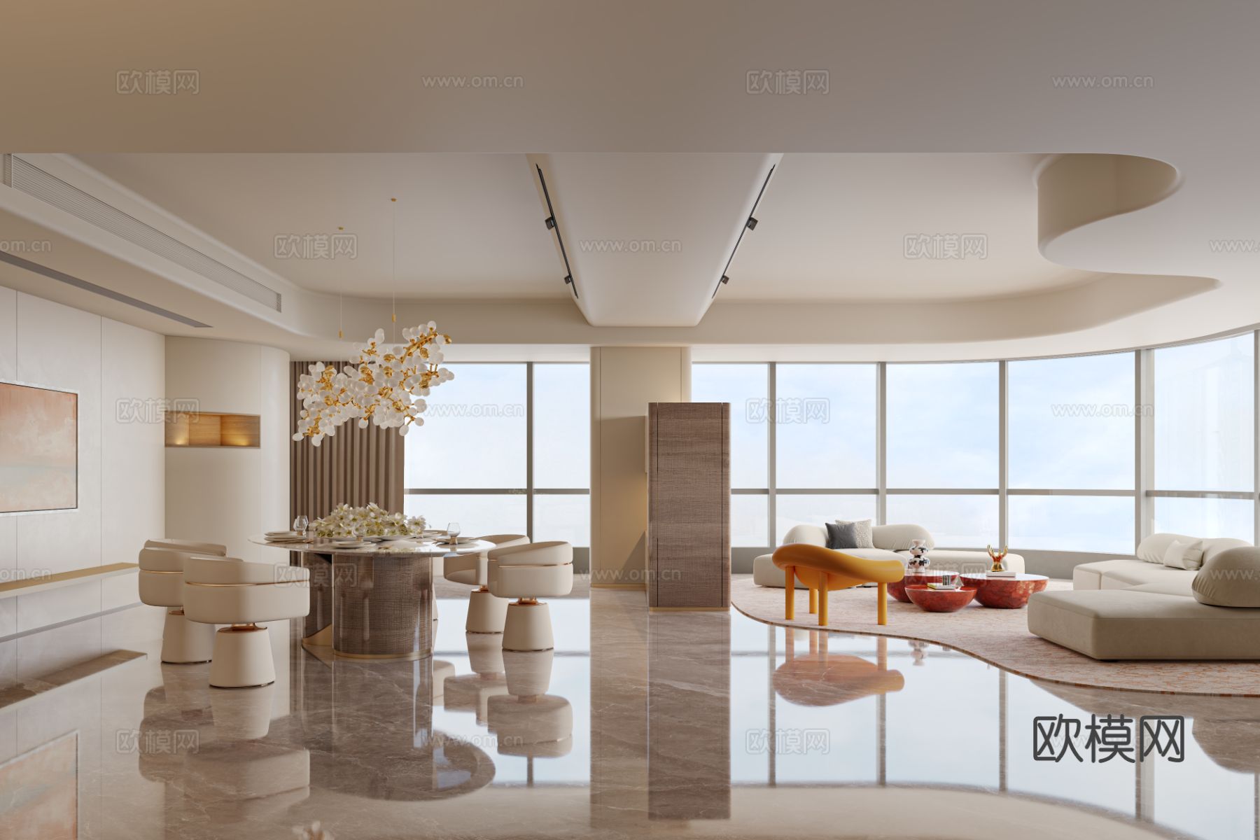 戴昆｜成都顶豪美学 轻奢客餐厅3d模型下载（渲染图1）