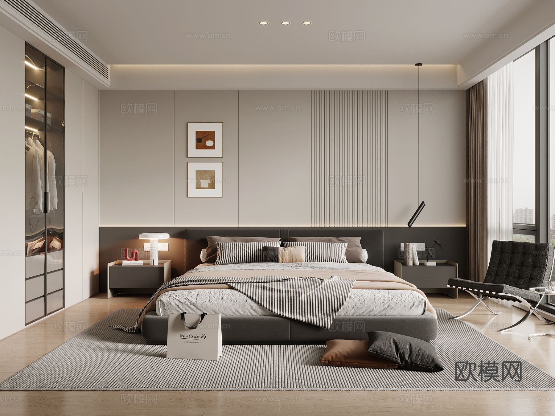 现代简约卧室 主卧 双人床 床头柜 衣柜su模型