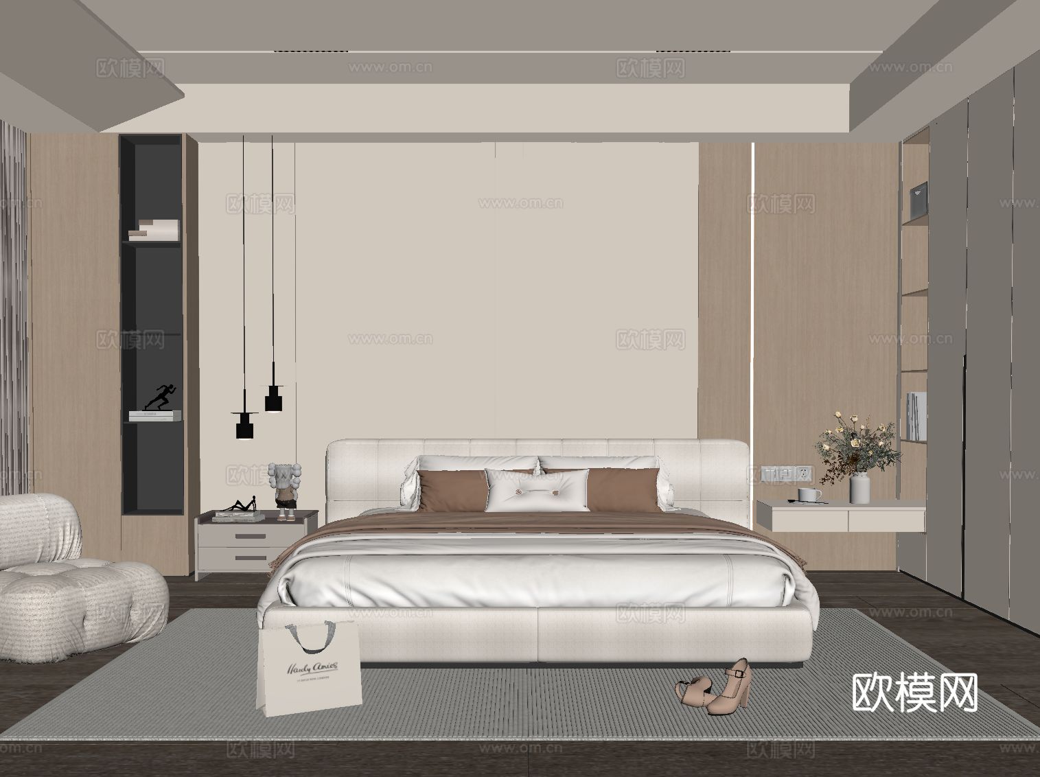 现代简约卧室 主卧 双人床 床头背景墙 衣柜su模型