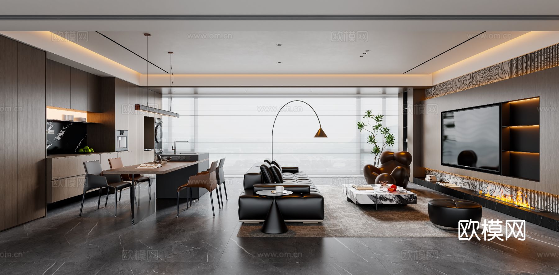 现代意式客餐厅 沙发茶几 餐桌椅 电视背景墙 餐边柜3d模型下载（渲染图1）