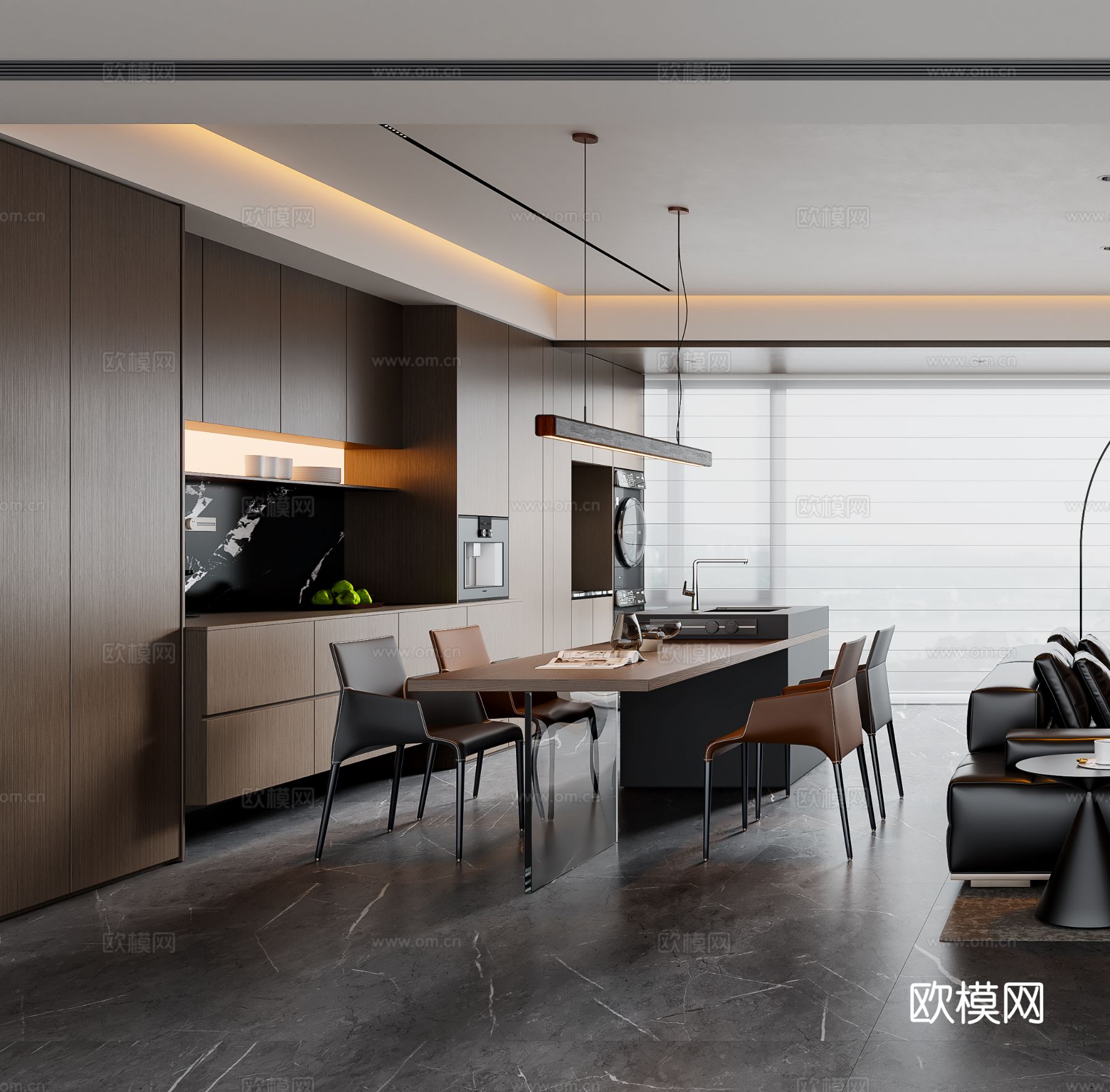 现代意式客餐厅 沙发茶几 餐桌椅 电视背景墙 餐边柜3d模型下载（渲染图2）