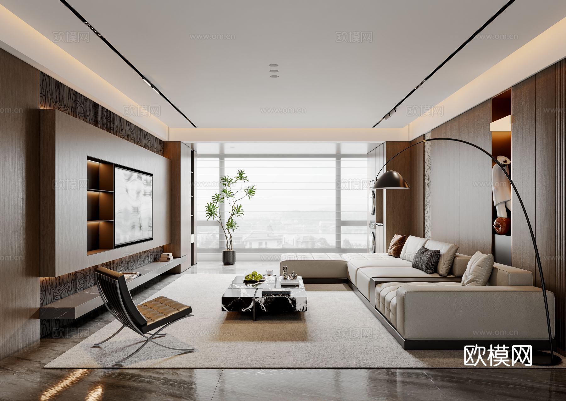 现代意式客厅 沙发茶几 电视背景墙 转角沙发 休闲椅 落地灯3d模型下载