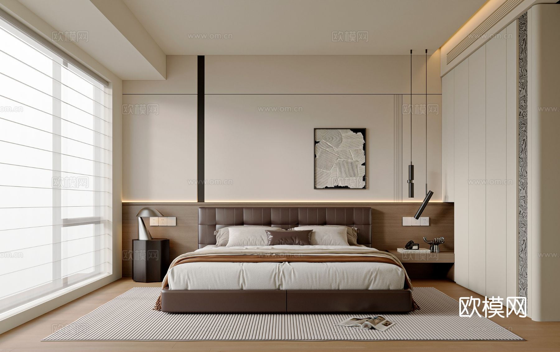 现代简约卧室 衣柜 皮质双人床 卧室摆件 挂画 台灯3d模型下载