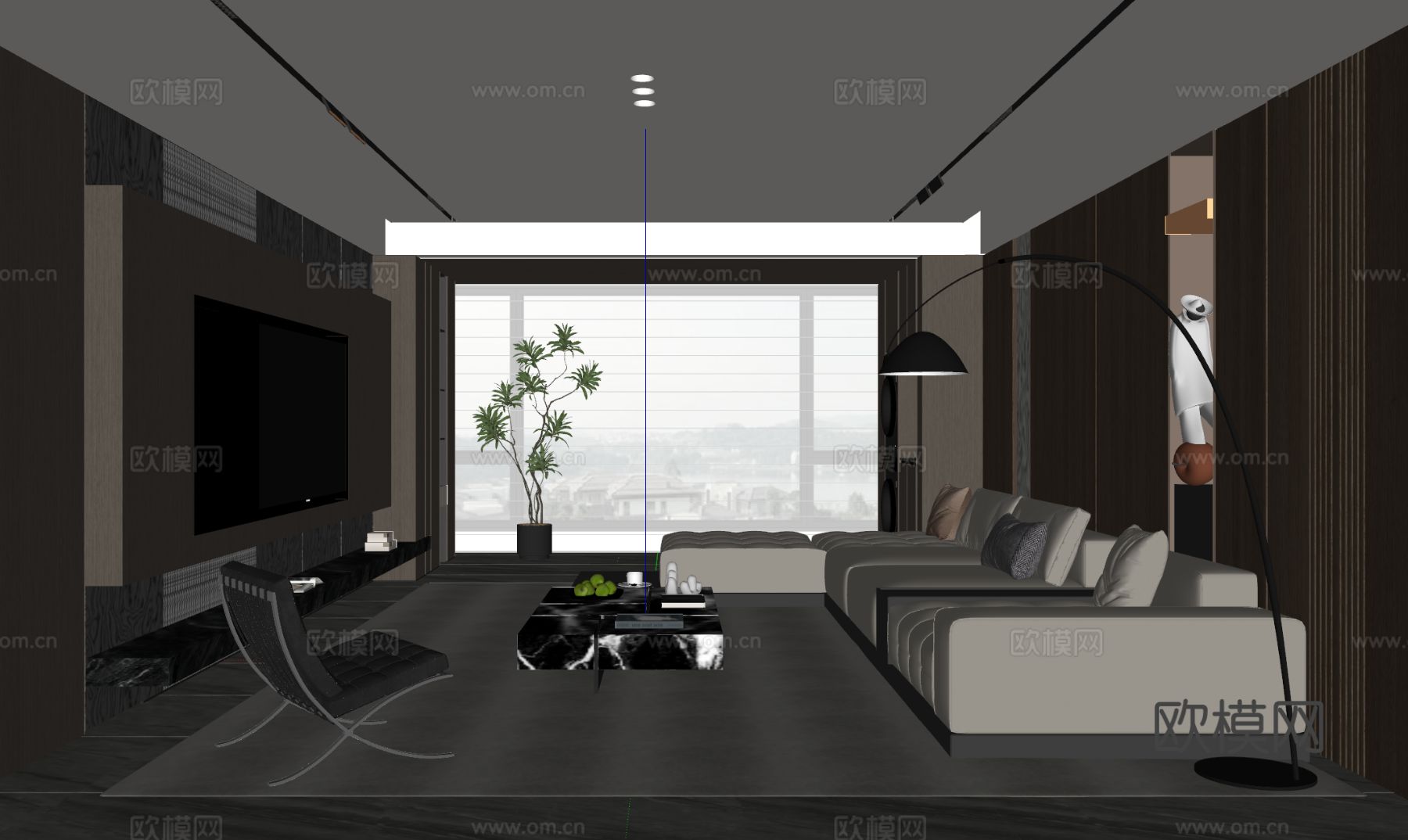 意式客厅 沙发茶几 电视背景墙 转角沙发 休闲椅 落地灯su模型