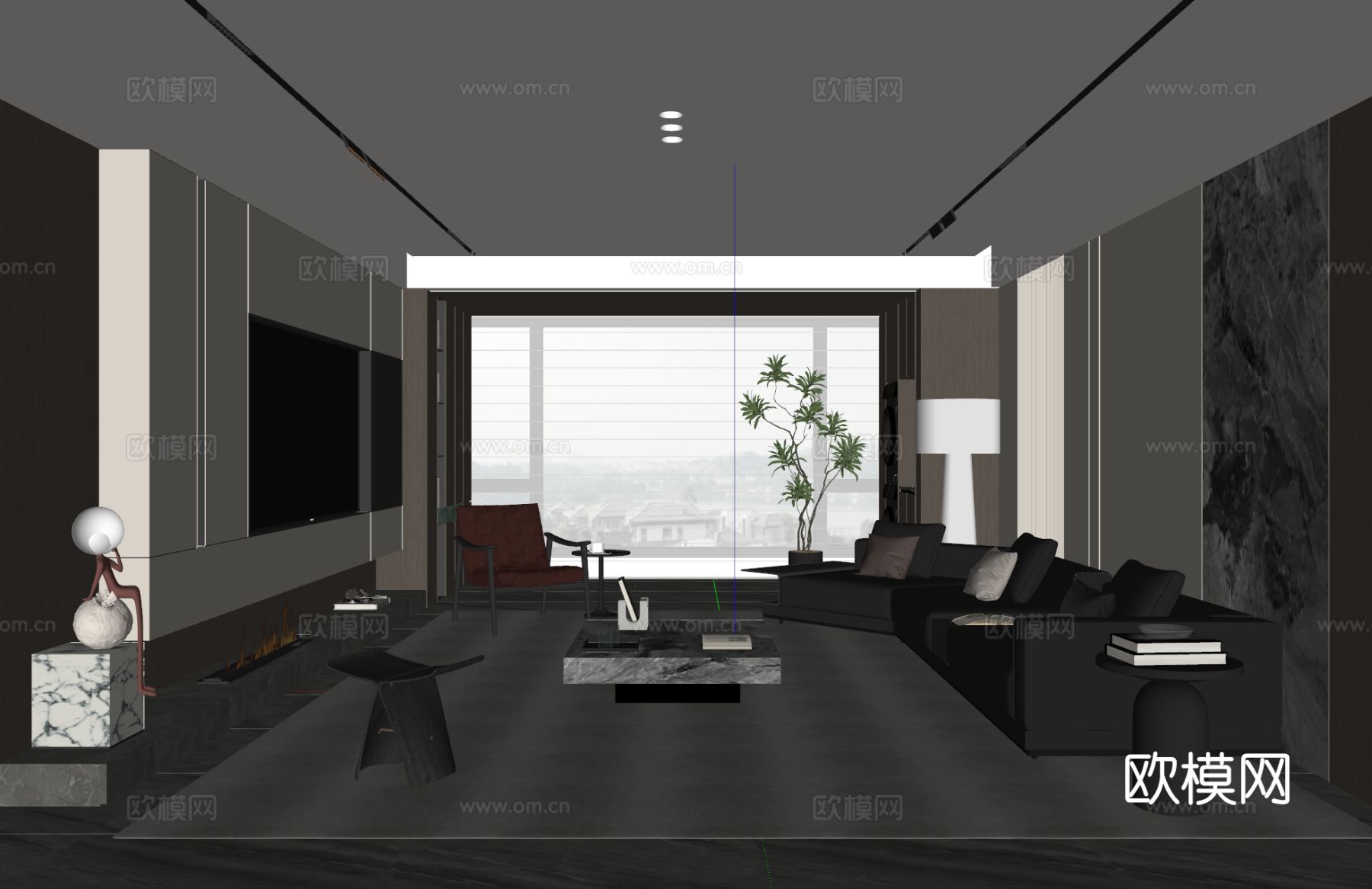 现代意式客厅 沙发茶几 电视背景墙 多人沙发 休闲椅 落地灯su模型