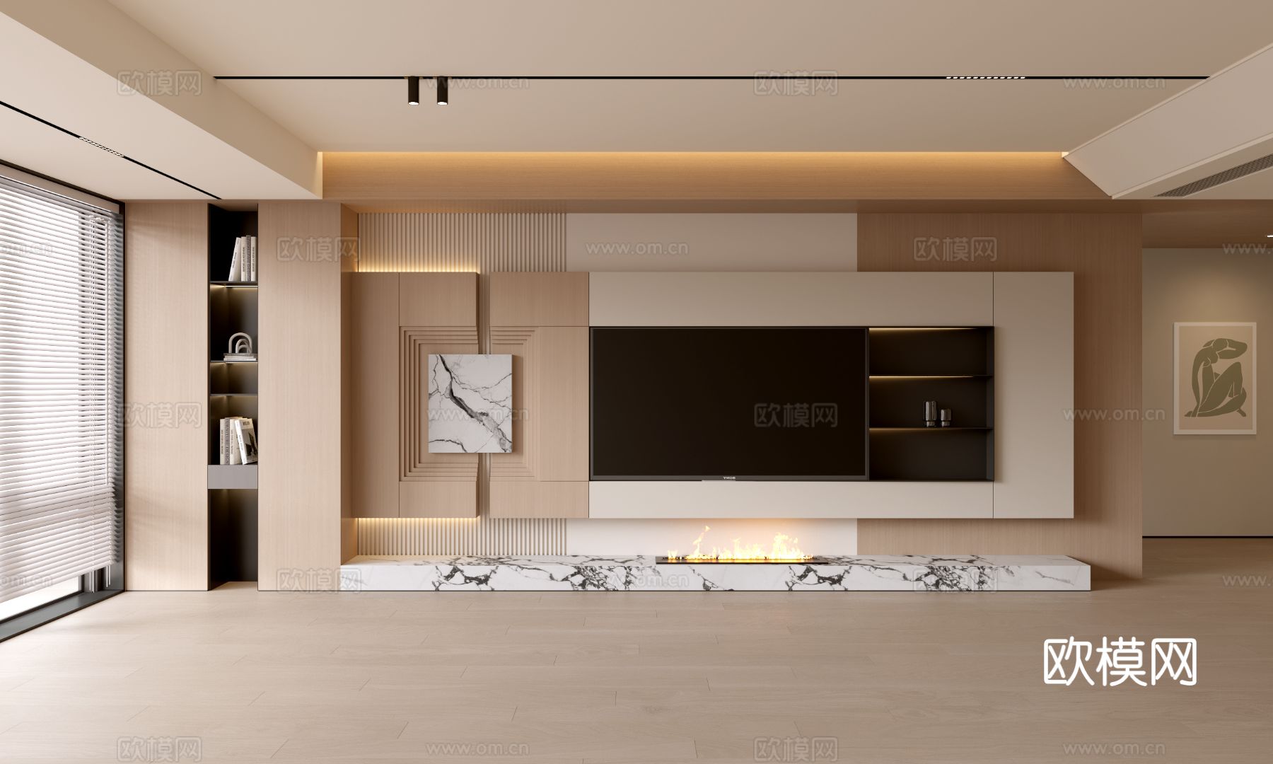 现代客厅 奶油客厅 电视背景墙 客厅背景 奶油风背景墙su模型下载（渲染图1）