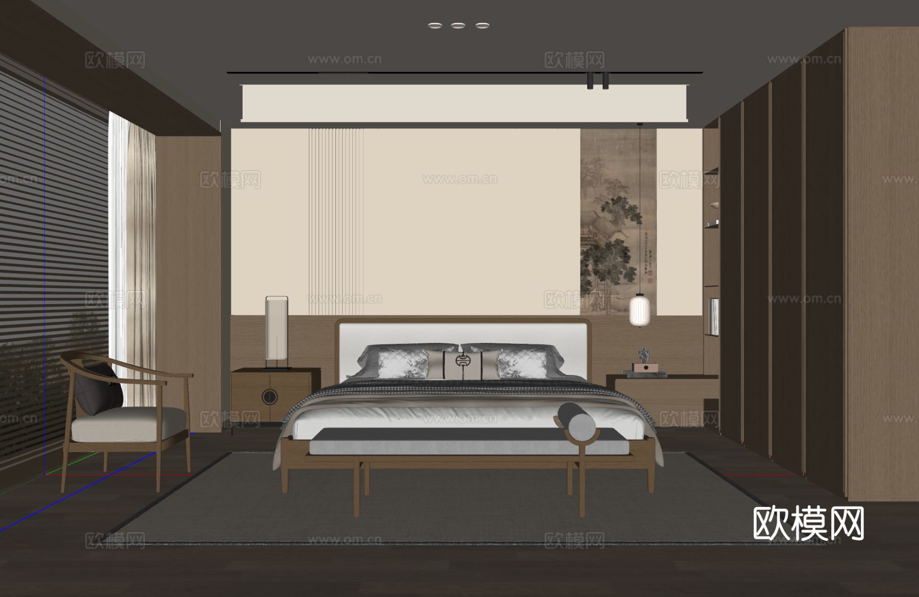 新中式宋式风卧室 实木双人床 床头柜 吊灯 休闲椅 地毯su模型