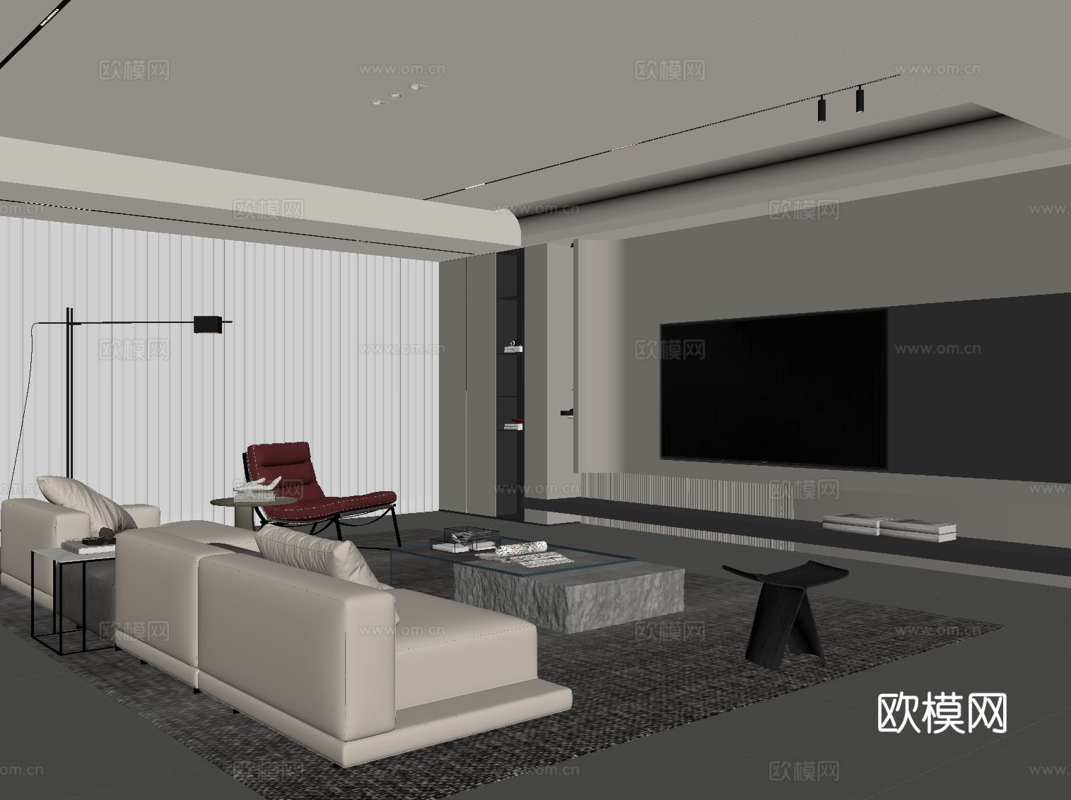 现代客厅 电视背景墙 沙发茶几su模型