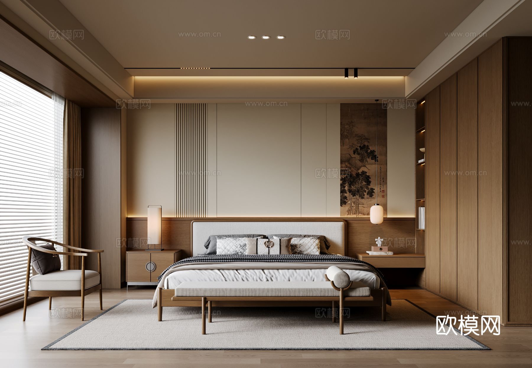 新中式宋式风卧室 实木双人床 床头柜 吊灯 休闲椅 地毯su模型