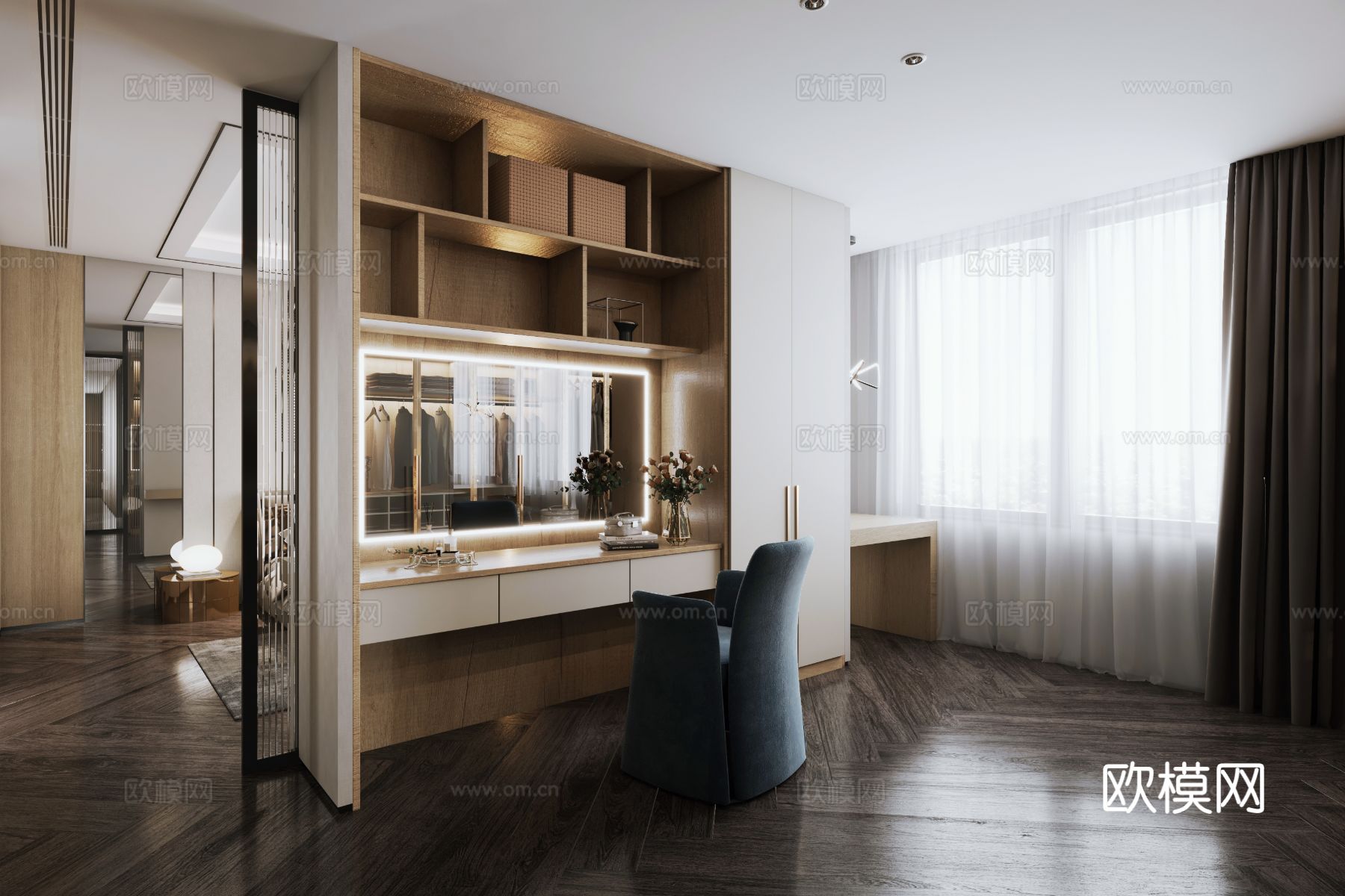 意式轻高定卧室衣帽间卫浴3d模型下载（渲染图1）