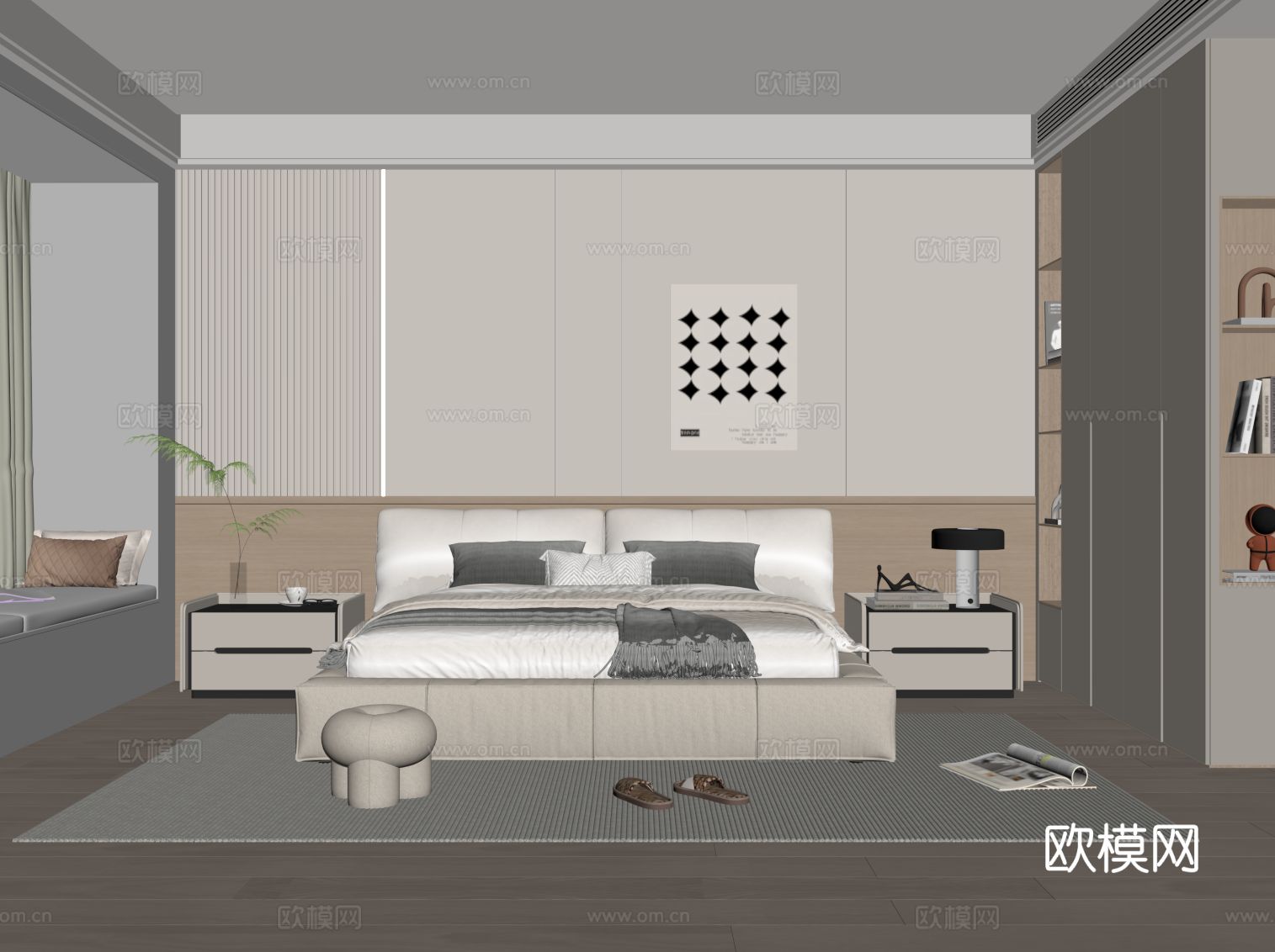 现代简约卧室 主卧 双人床 床头柜 衣柜su模型