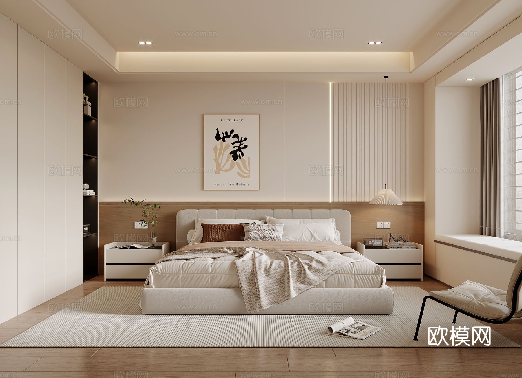 现代简约卧室 主卧 双人床 床头柜 衣柜su模型