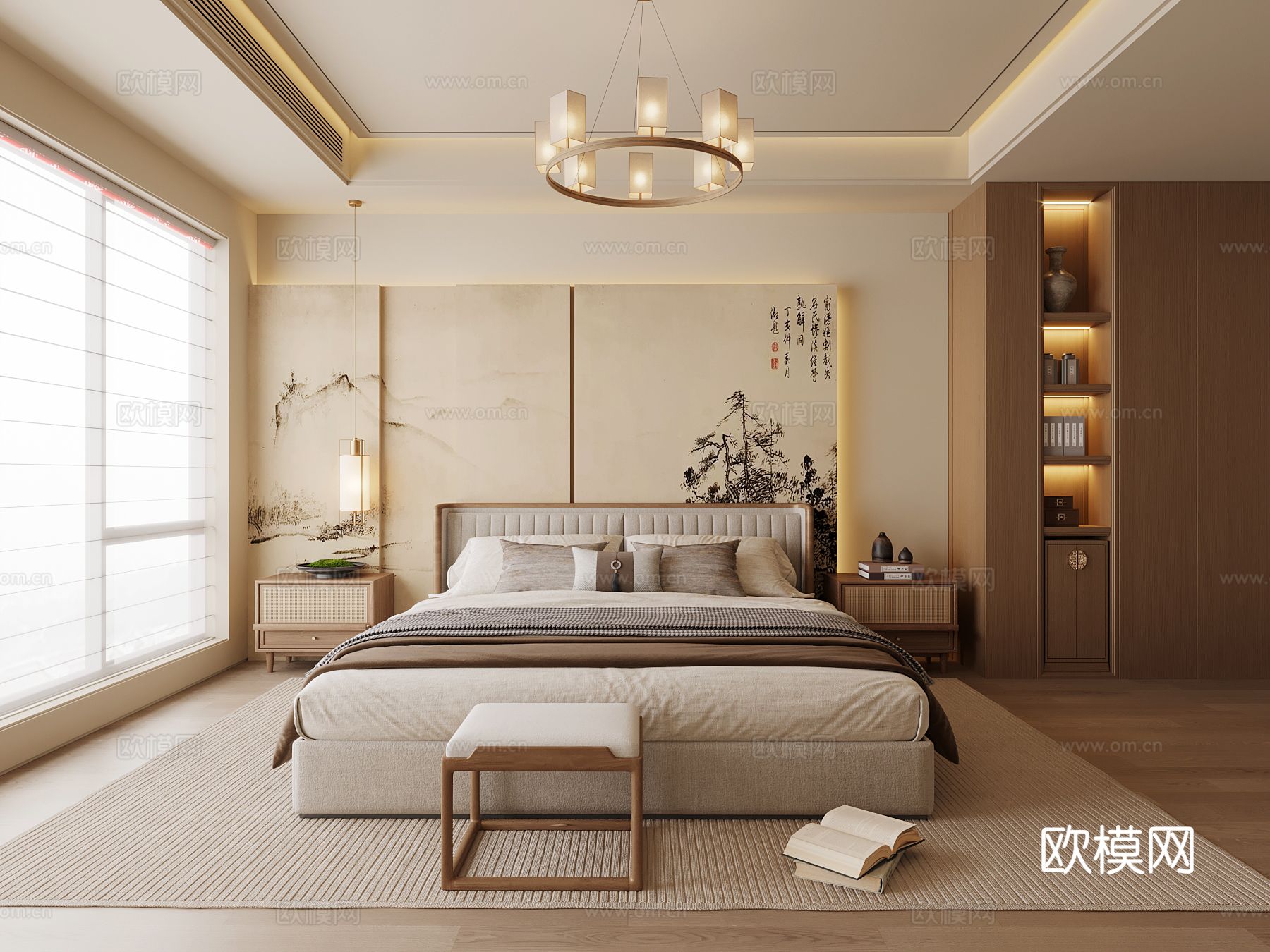 新中式卧室 双人床3d模型下载