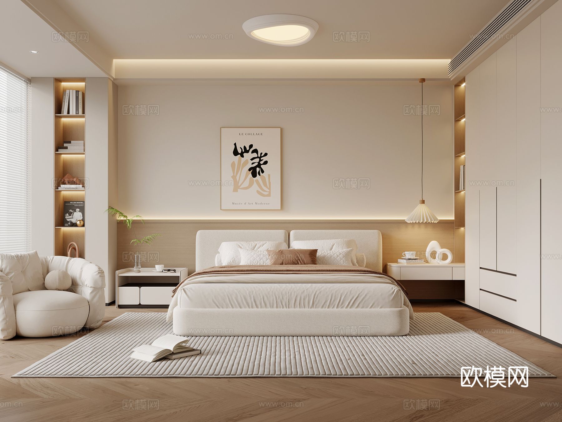 现代奶油风卧室 主卧 双人床 床头柜 衣柜su模型