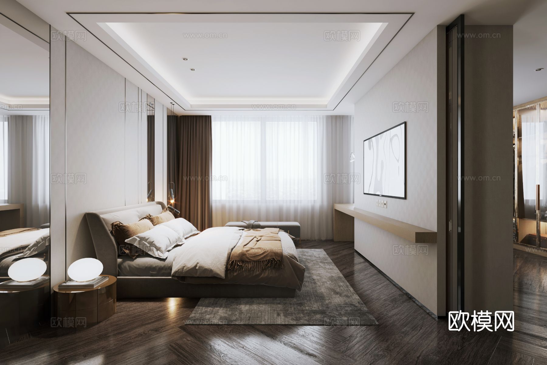 意式轻高定卧室衣帽间卫浴3d模型下载（渲染图2）