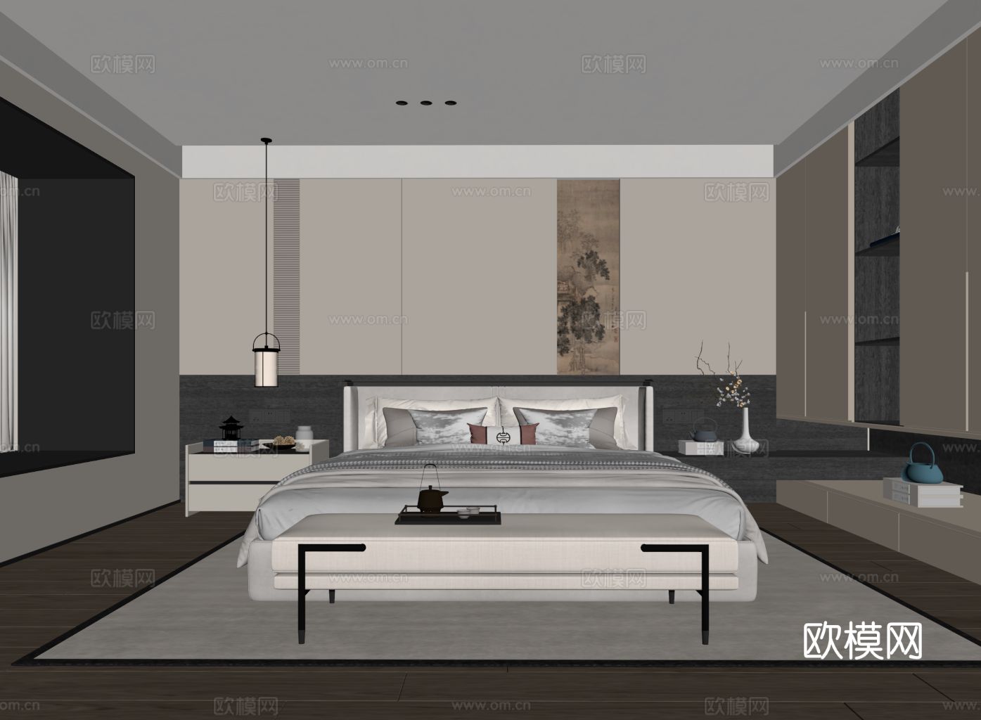 新中式卧室 双人床 衣柜su模型