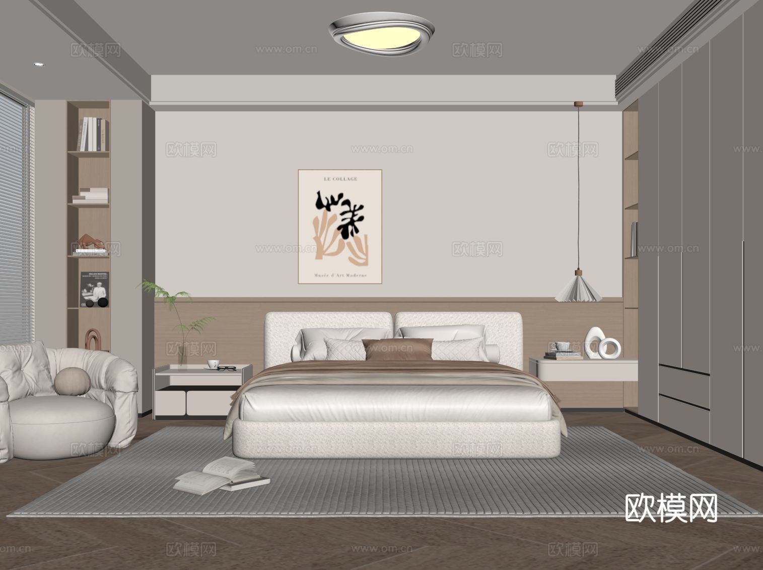 现代奶油风卧室 主卧 双人床 床头柜 衣柜su模型