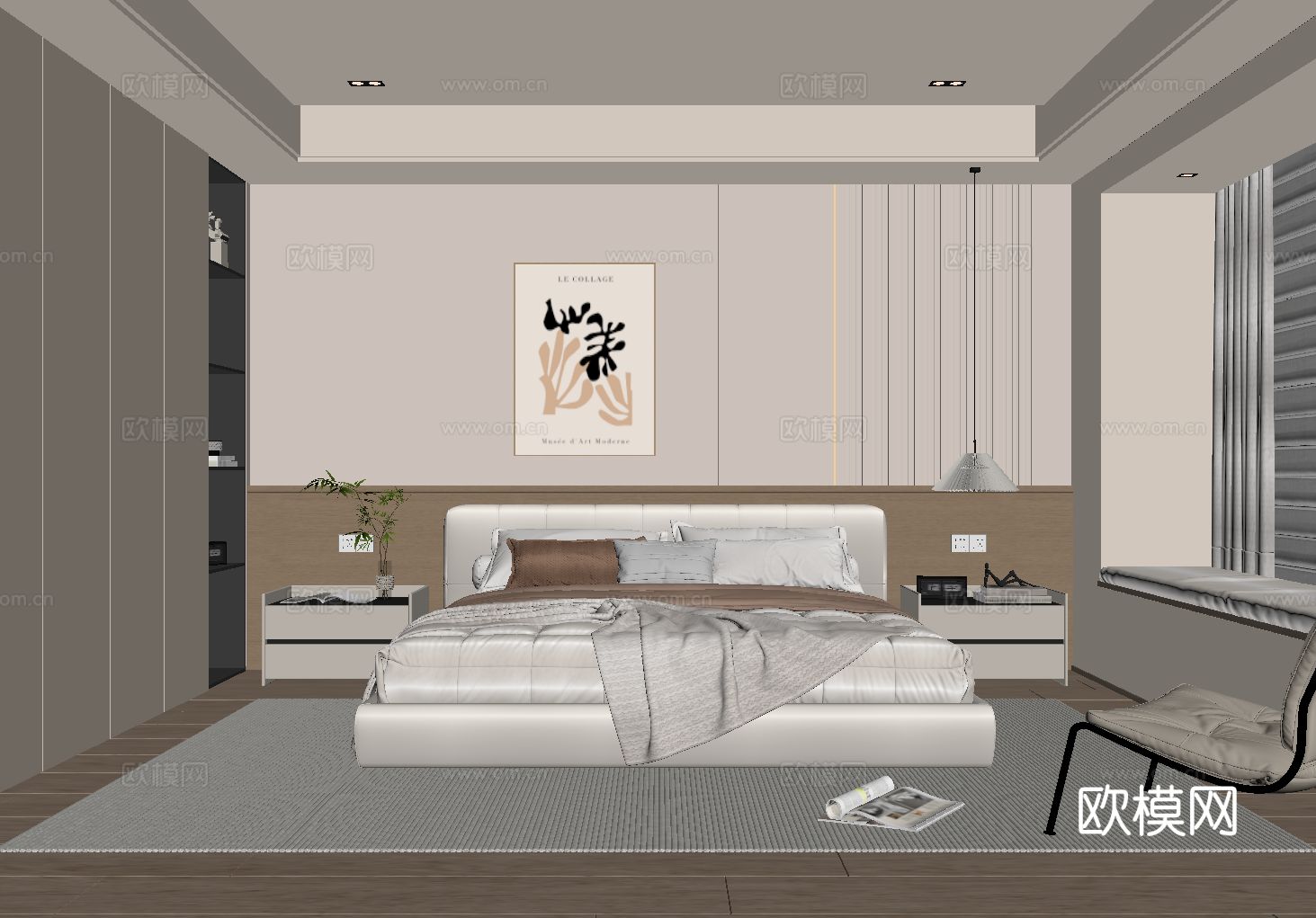 现代简约卧室 主卧 双人床 床头柜 衣柜su模型