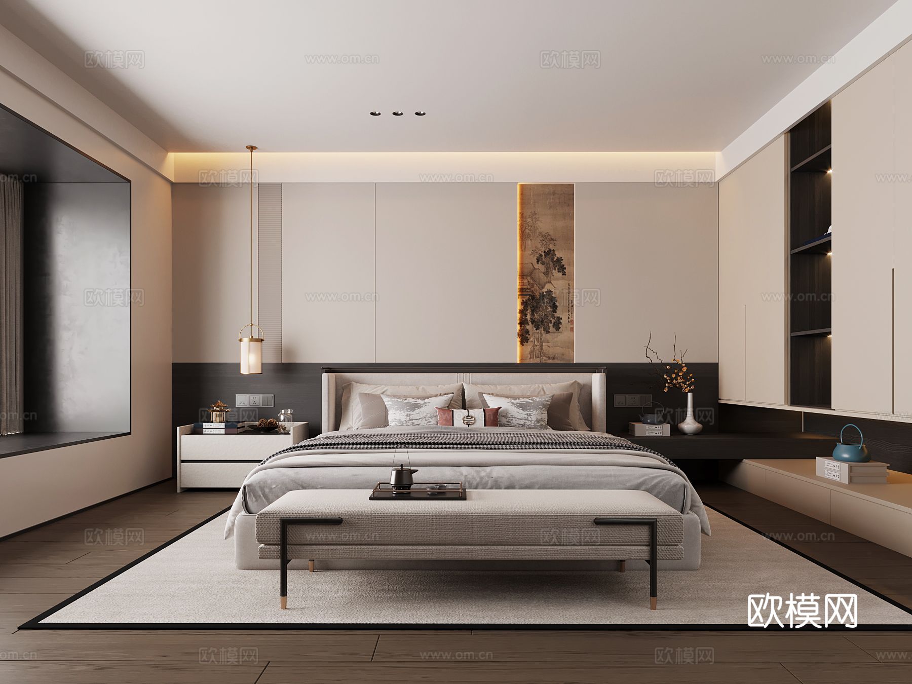 新中式卧室 双人床 衣柜su模型