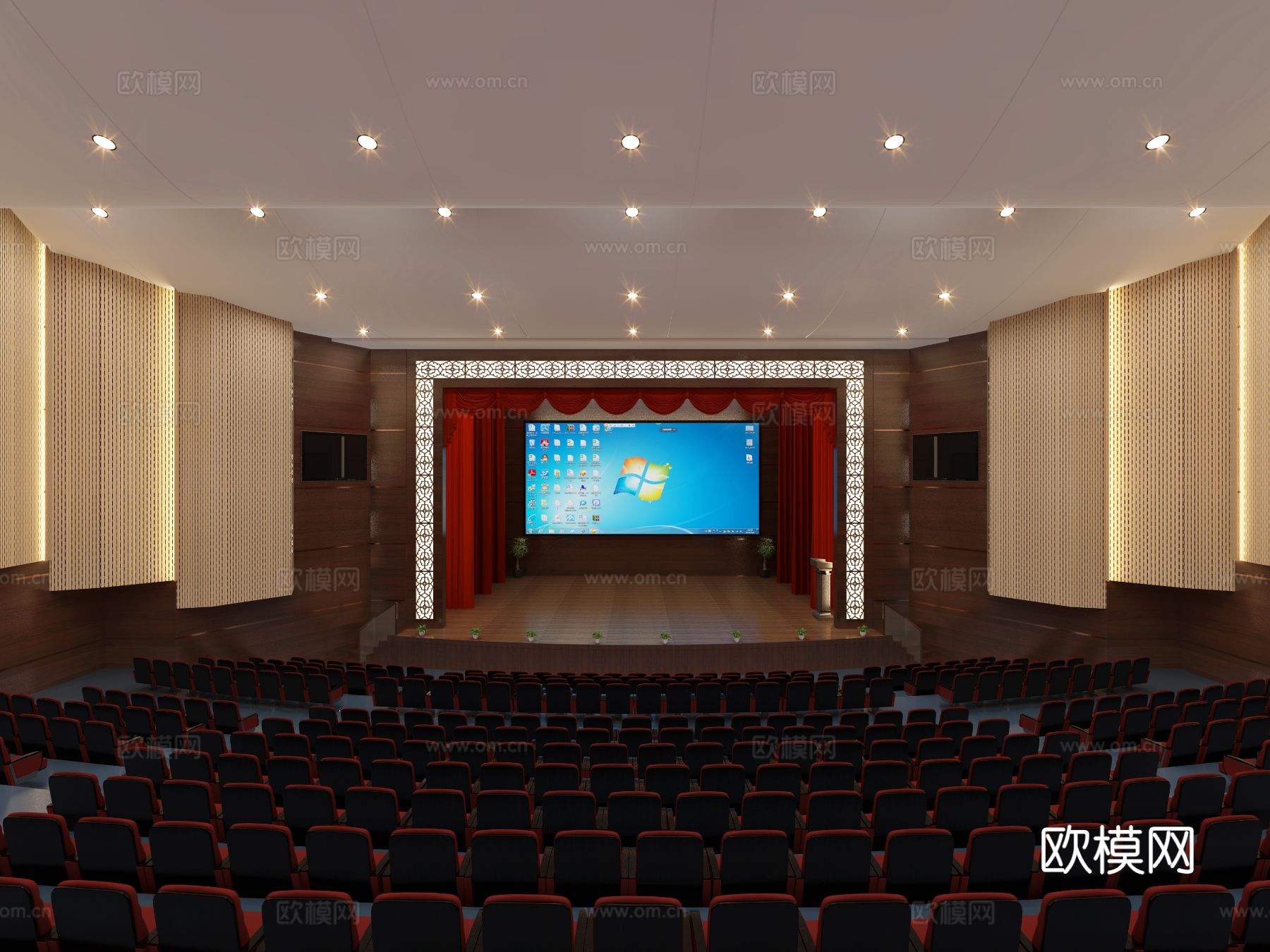 现代报告厅座椅 讲台 吸音板3d模型下载（渲染图2）