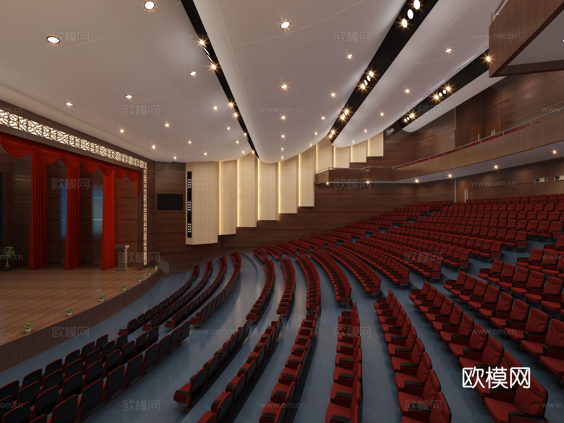 现代报告厅座椅 讲台 吸音板3d模型下载（渲染图1）