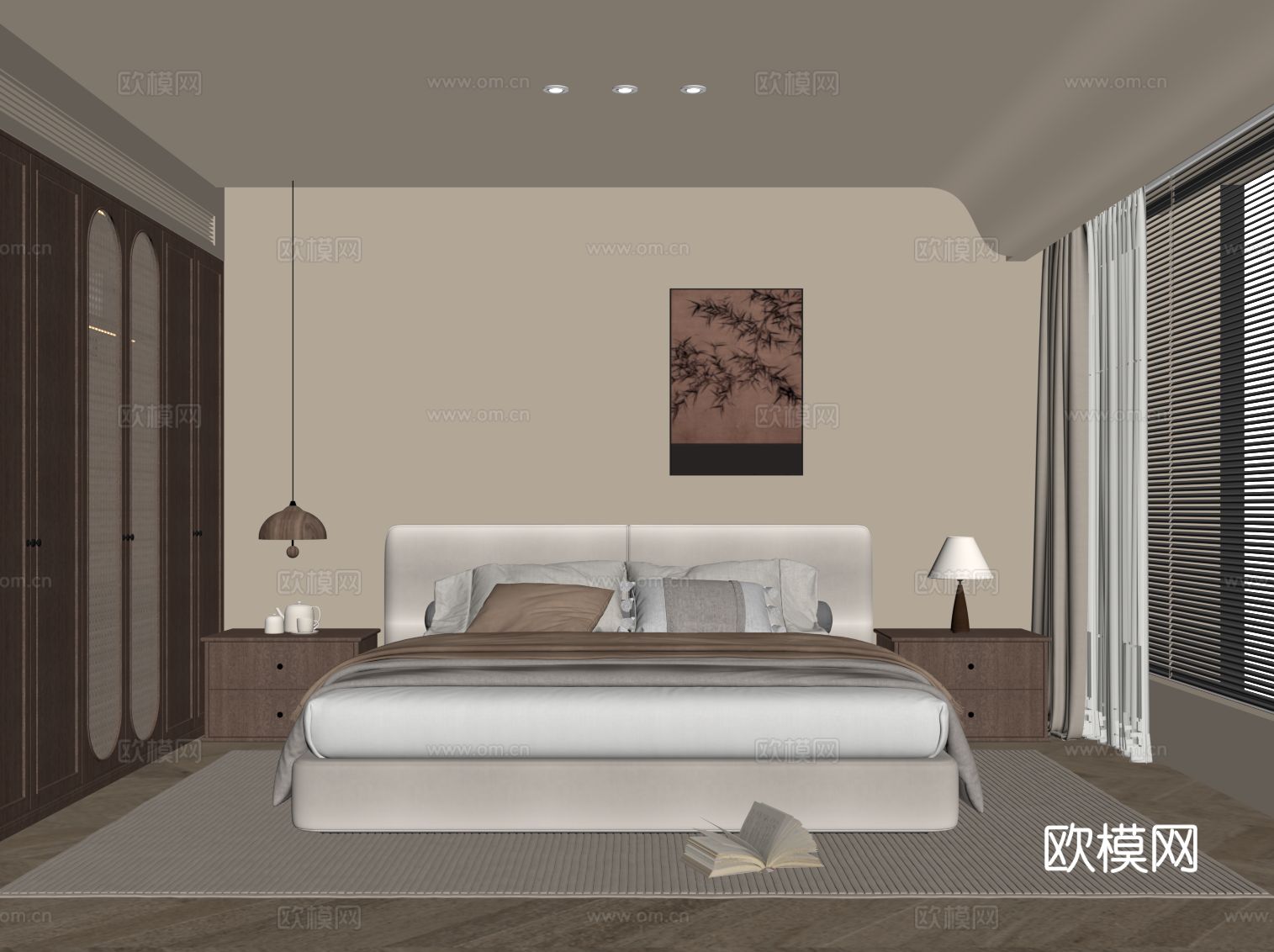 中古风卧室 双人床 衣柜su模型