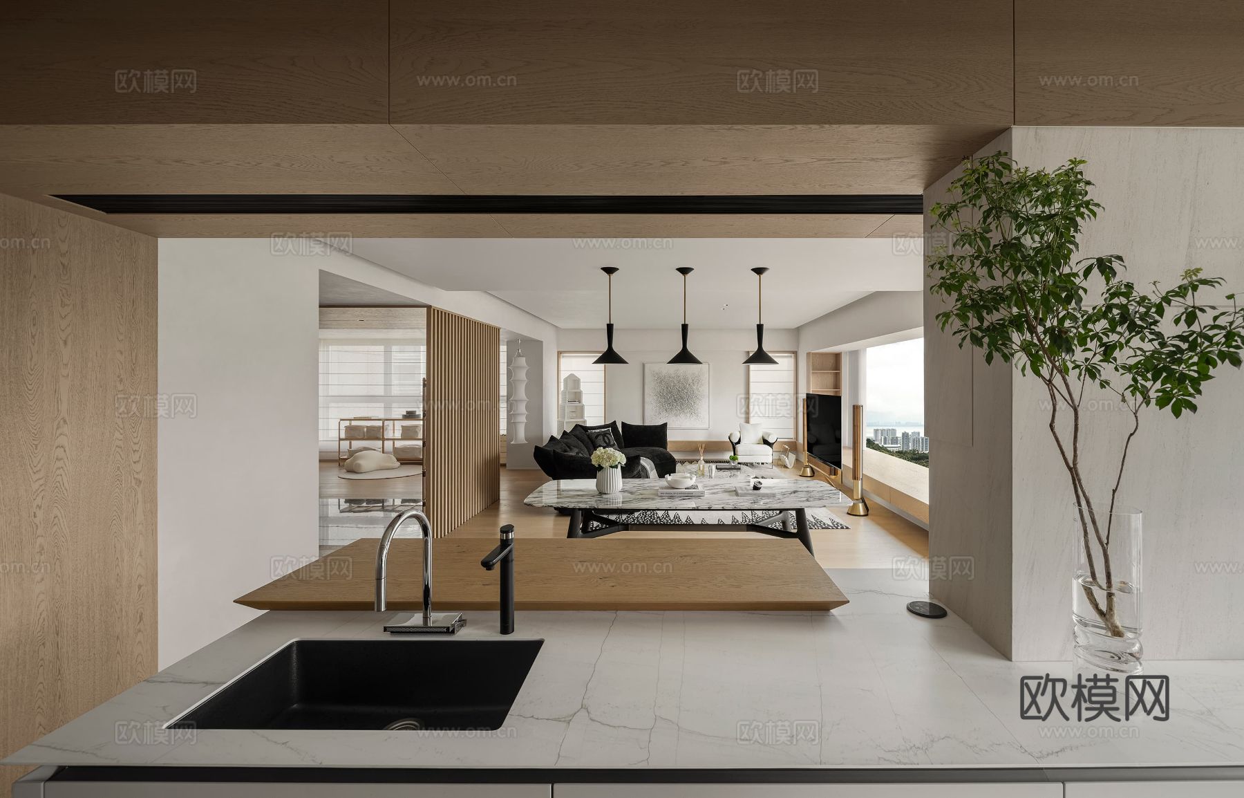 现代大平层家装效果餐厅卧室客厅简约高级灰设计效果图下载（渲染图13）