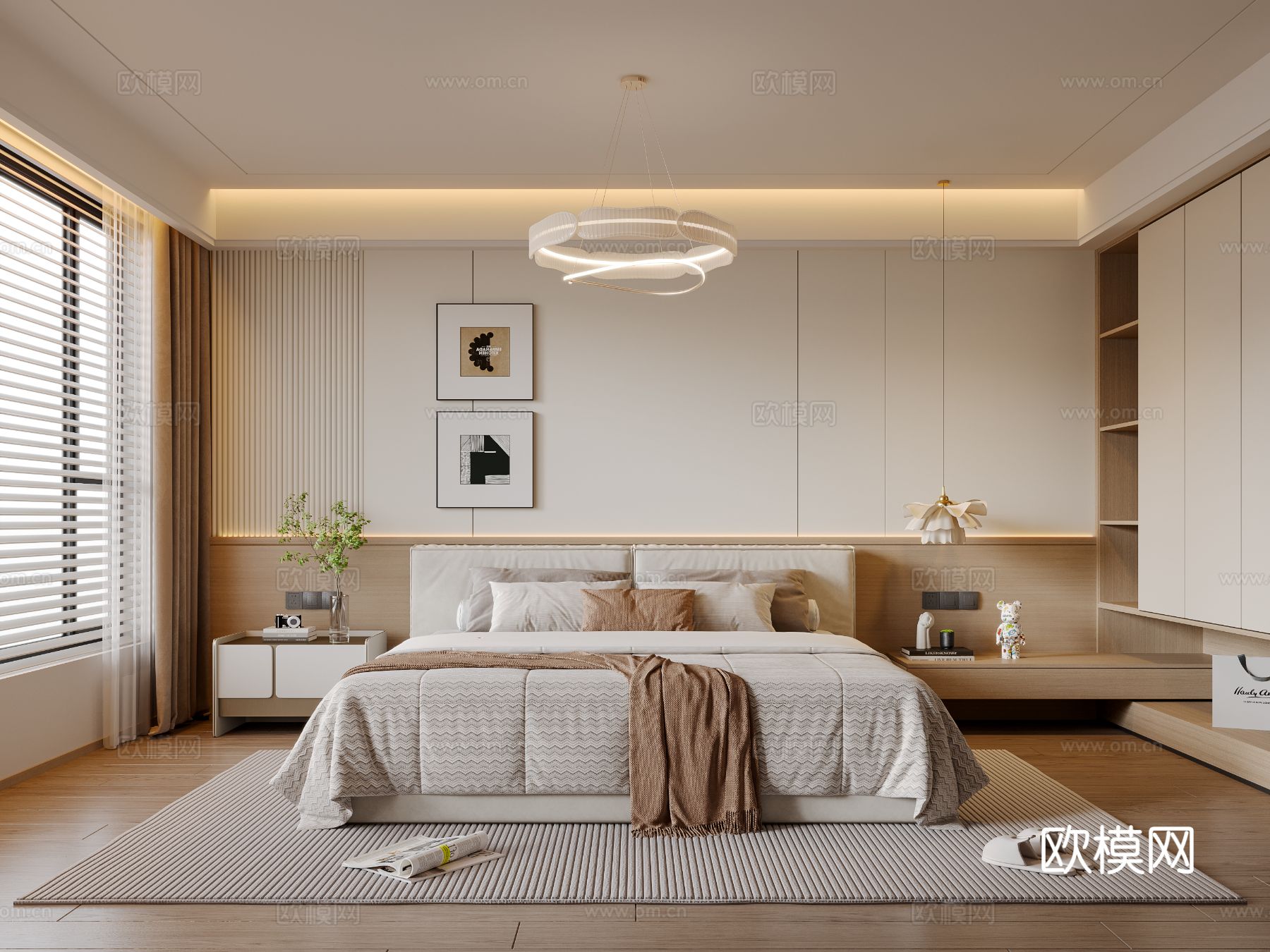 现代奶油风卧室 布艺双人床 床头柜 吊灯 挂画 地毯su模型