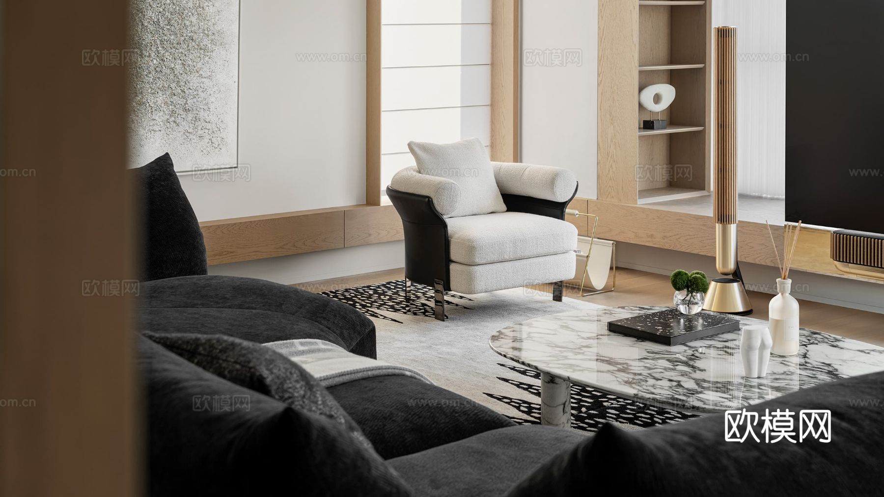 现代大平层家装效果餐厅卧室客厅简约高级灰设计效果图下载（渲染图4）