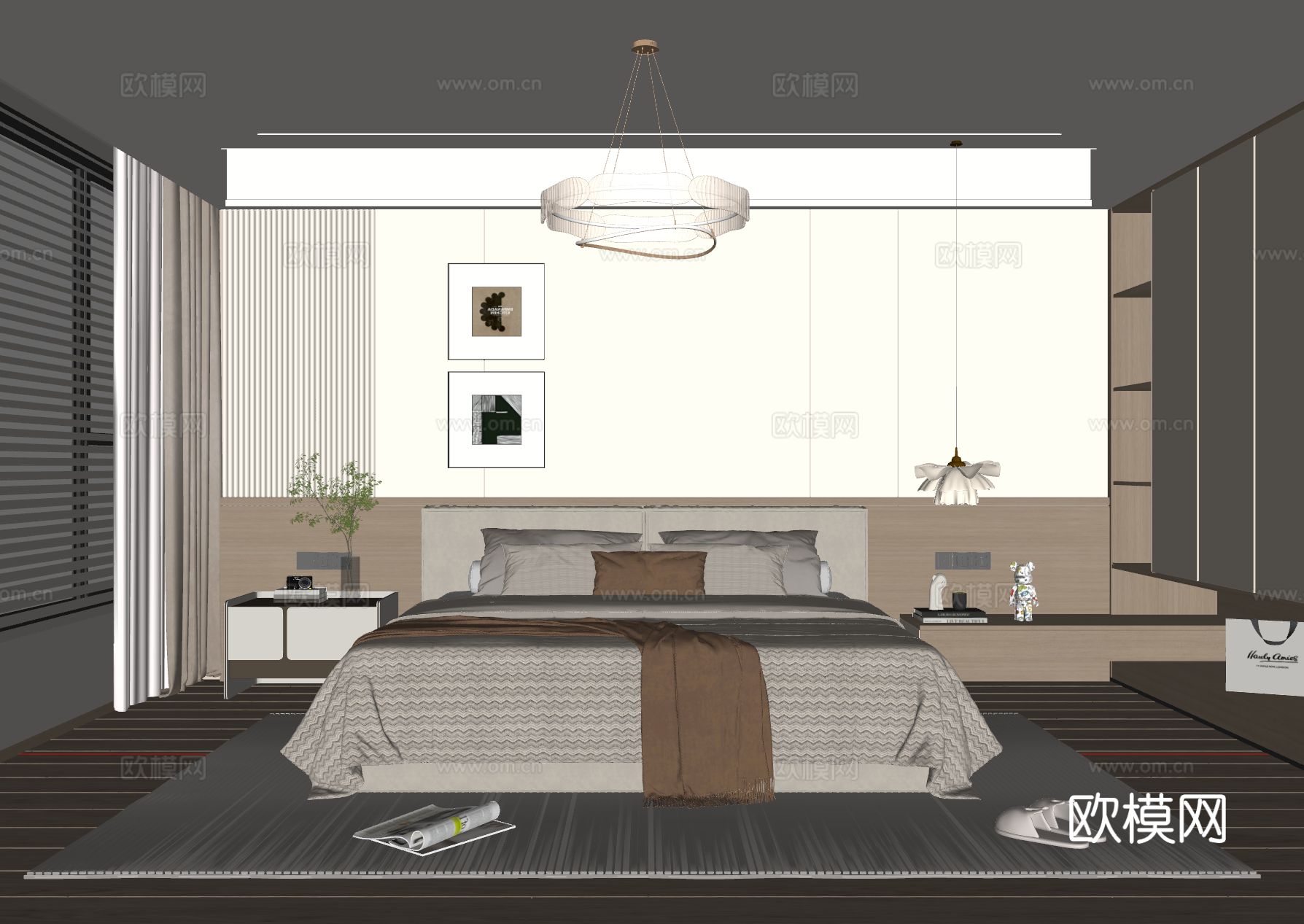 现代奶油风卧室 布艺双人床 床头柜 吊灯 挂画 地毯su模型