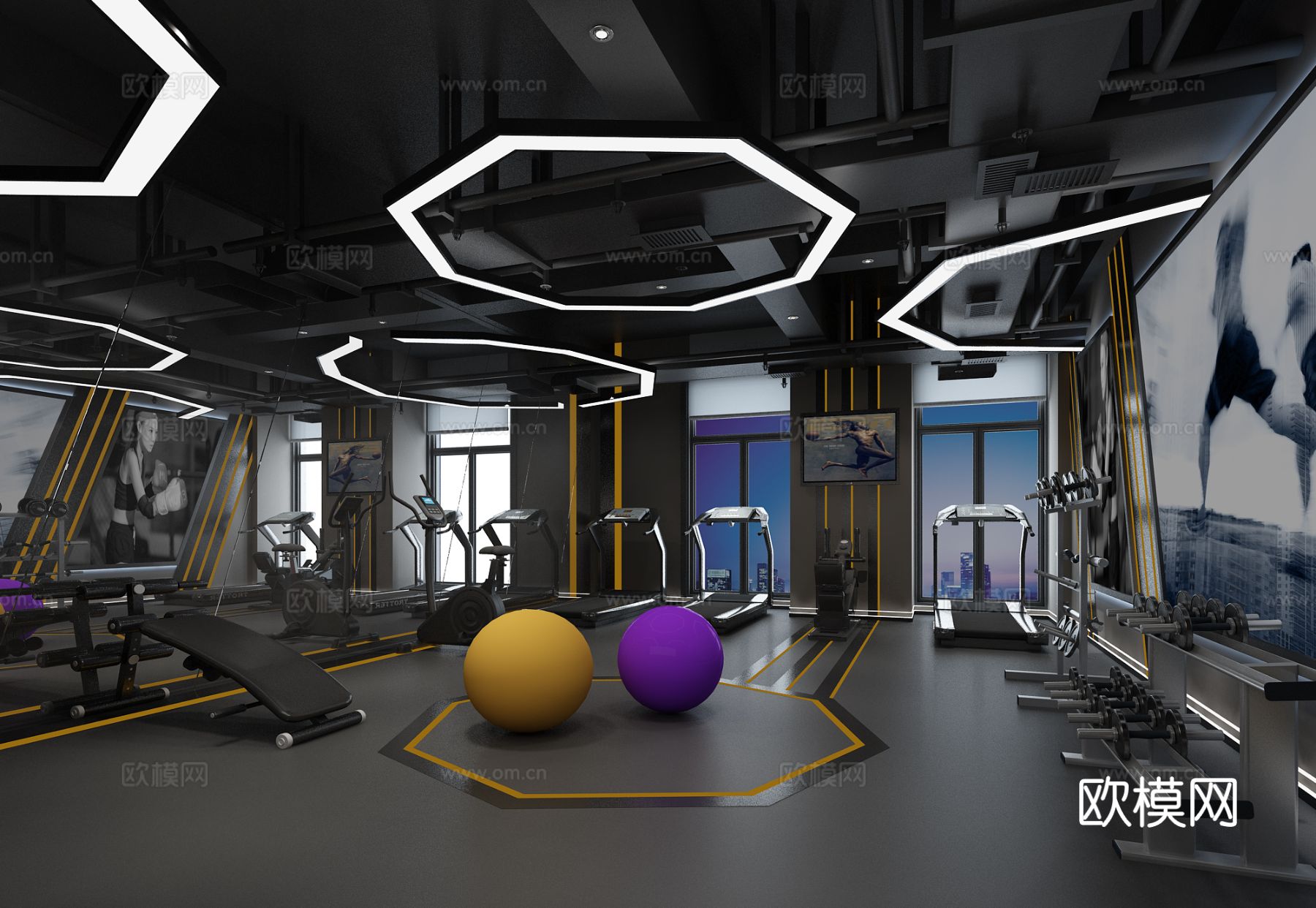 现代科技健身房 健身器材 意大利休闲沙发 空调管道3d模型下载（渲染图1）