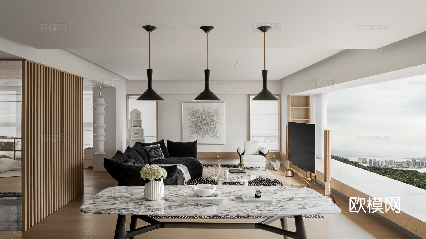 现代大平层家装效果餐厅卧室客厅简约高级灰设计效果图下载（渲染图1）