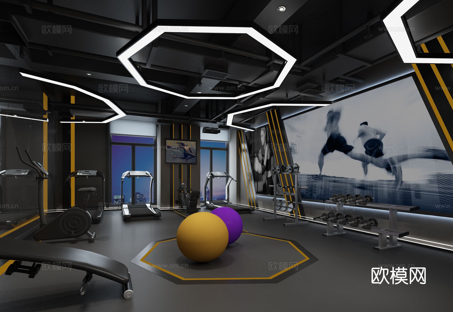 现代科技健身房 健身器材 意大利休闲沙发 空调管道3d模型下载（渲染图2）