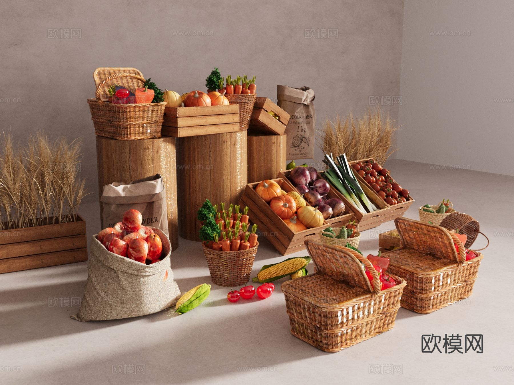 菜市场堆头 蔬菜 水果 果蔬架 果蔬篮 果蔬3d模型下载（渲染图3）