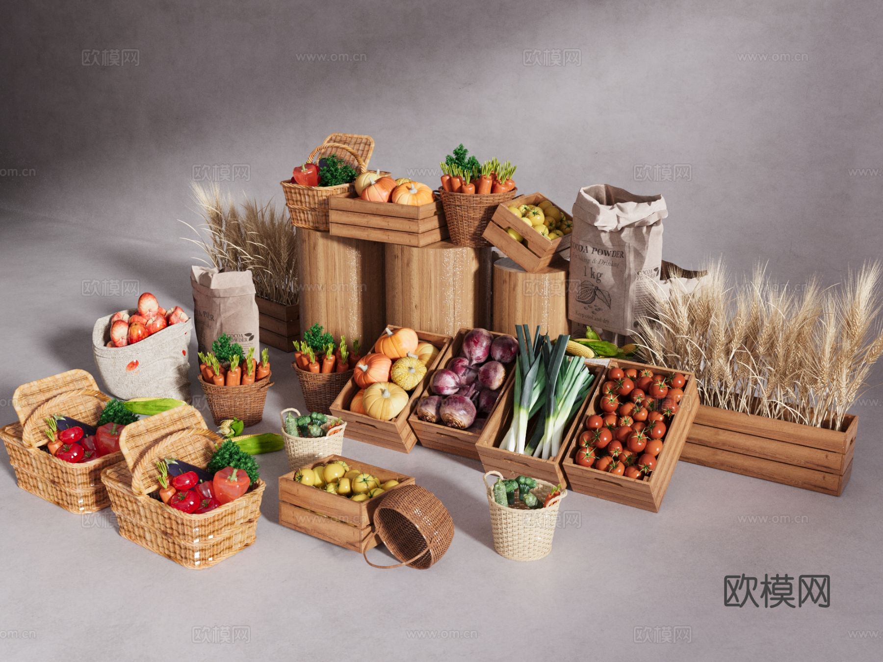 菜市场堆头 蔬菜 水果 果蔬架 果蔬篮 果蔬3d模型下载（渲染图1）