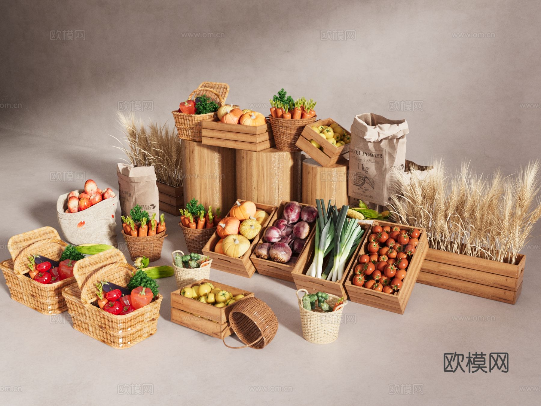 菜市场堆头 蔬菜 水果 果蔬架 果蔬篮 果蔬3d模型下载