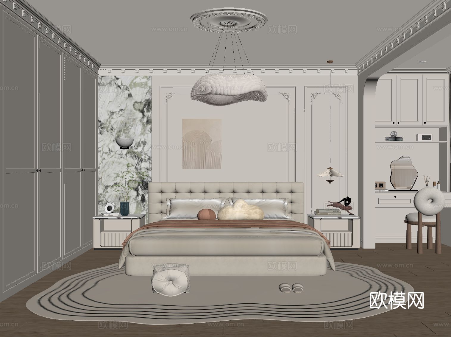 法式奶油风卧室 双人床 床头柜 衣柜 梳妆台su模型