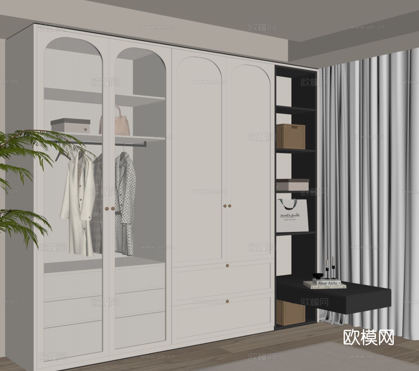 法式奶油风衣柜 床头柜 一体柜su模型su模型