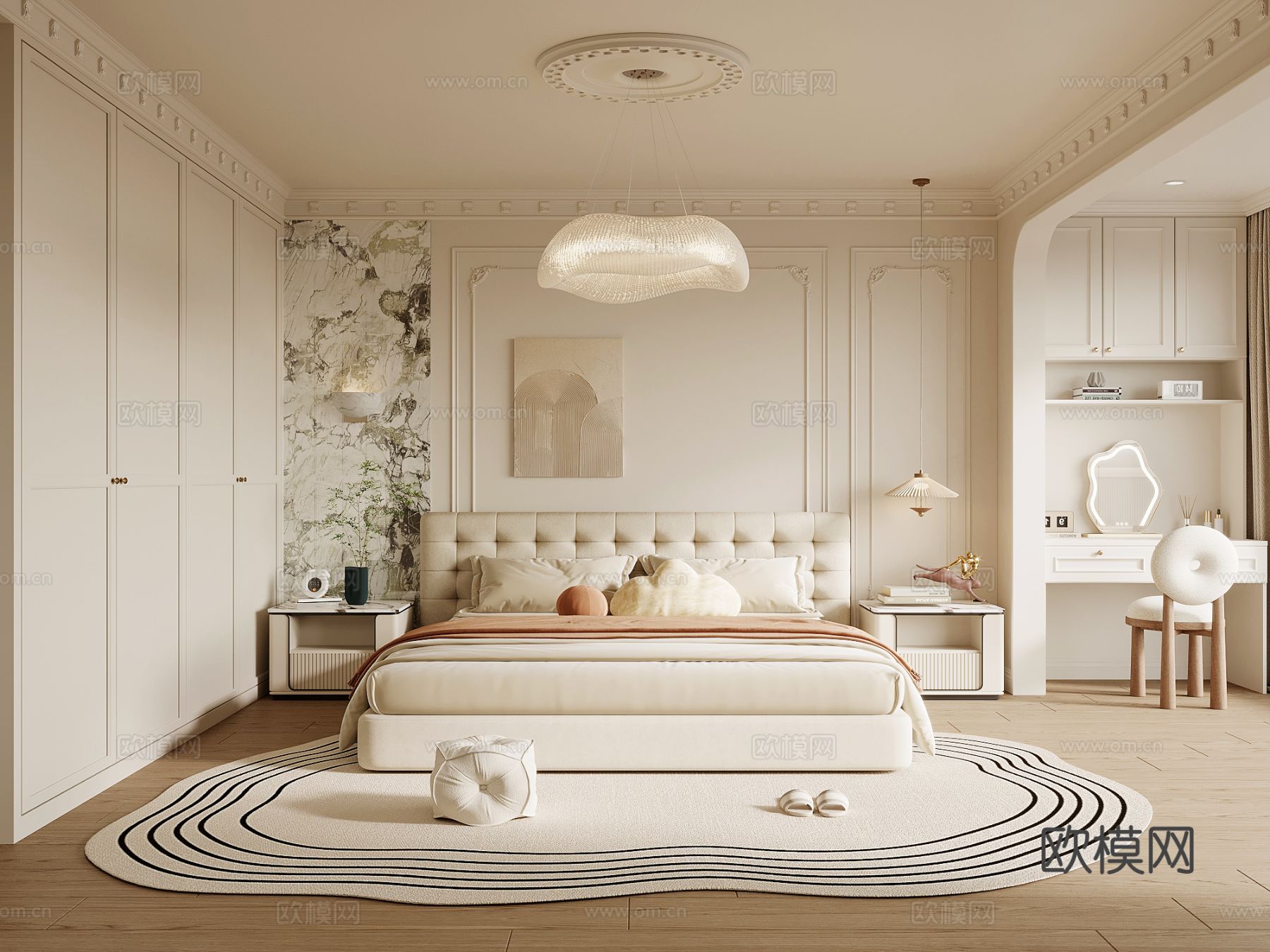 法式奶油风卧室 双人床 床头柜 衣柜 梳妆台su模型