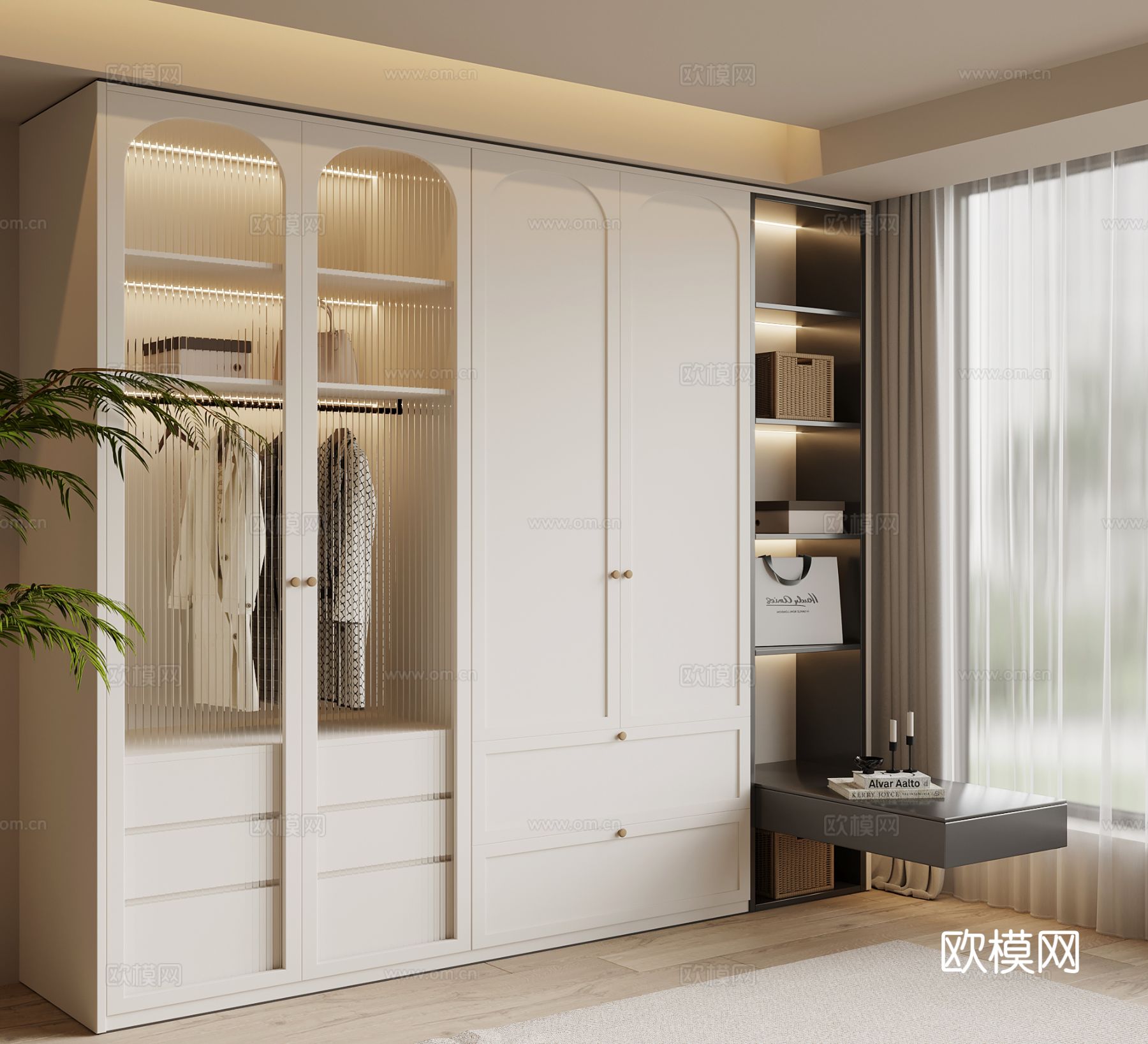 法式奶油风衣柜 床头柜 一体柜su模型su模型