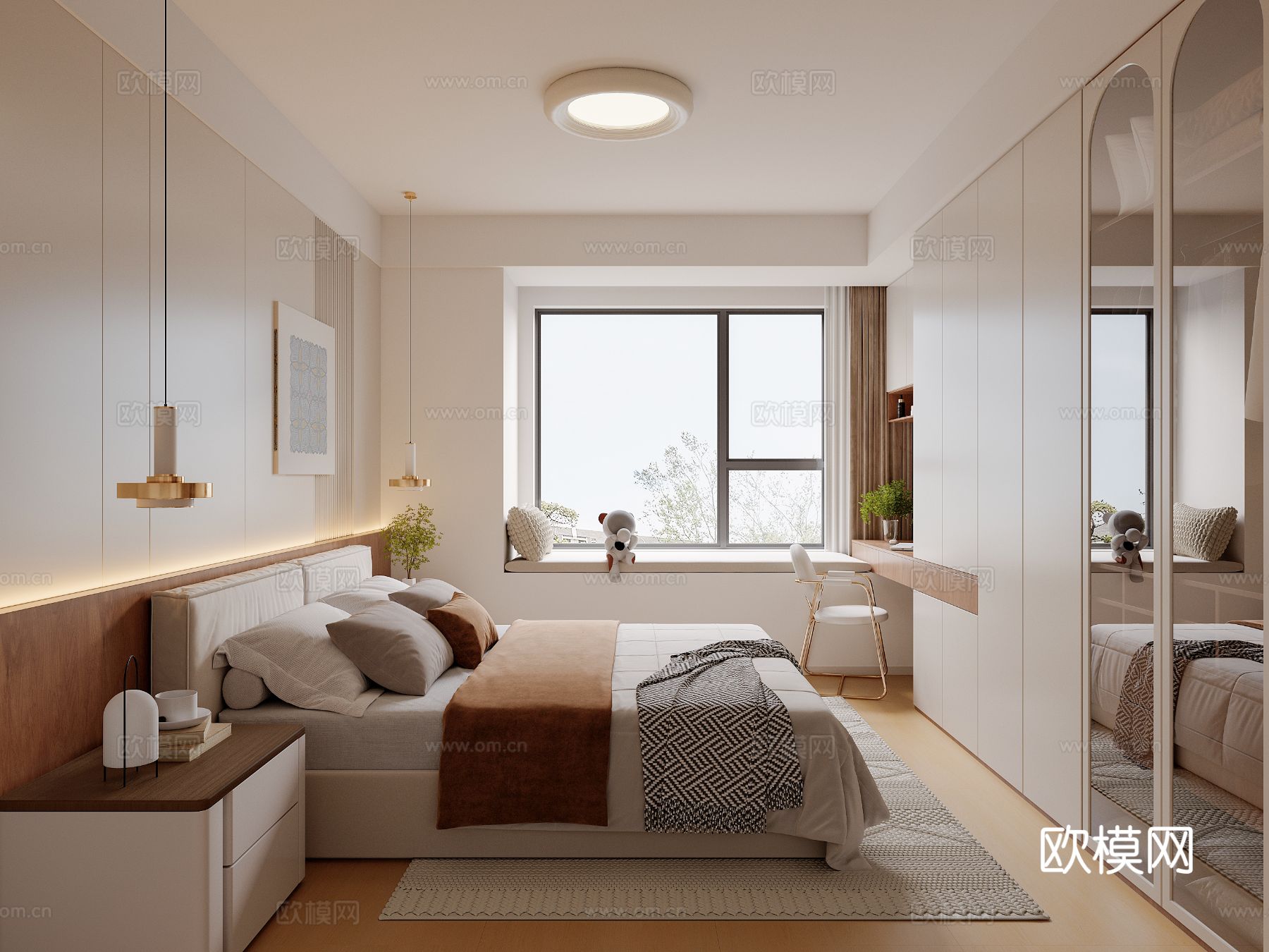 奶油原木风卧室3d模型下载（渲染图2）