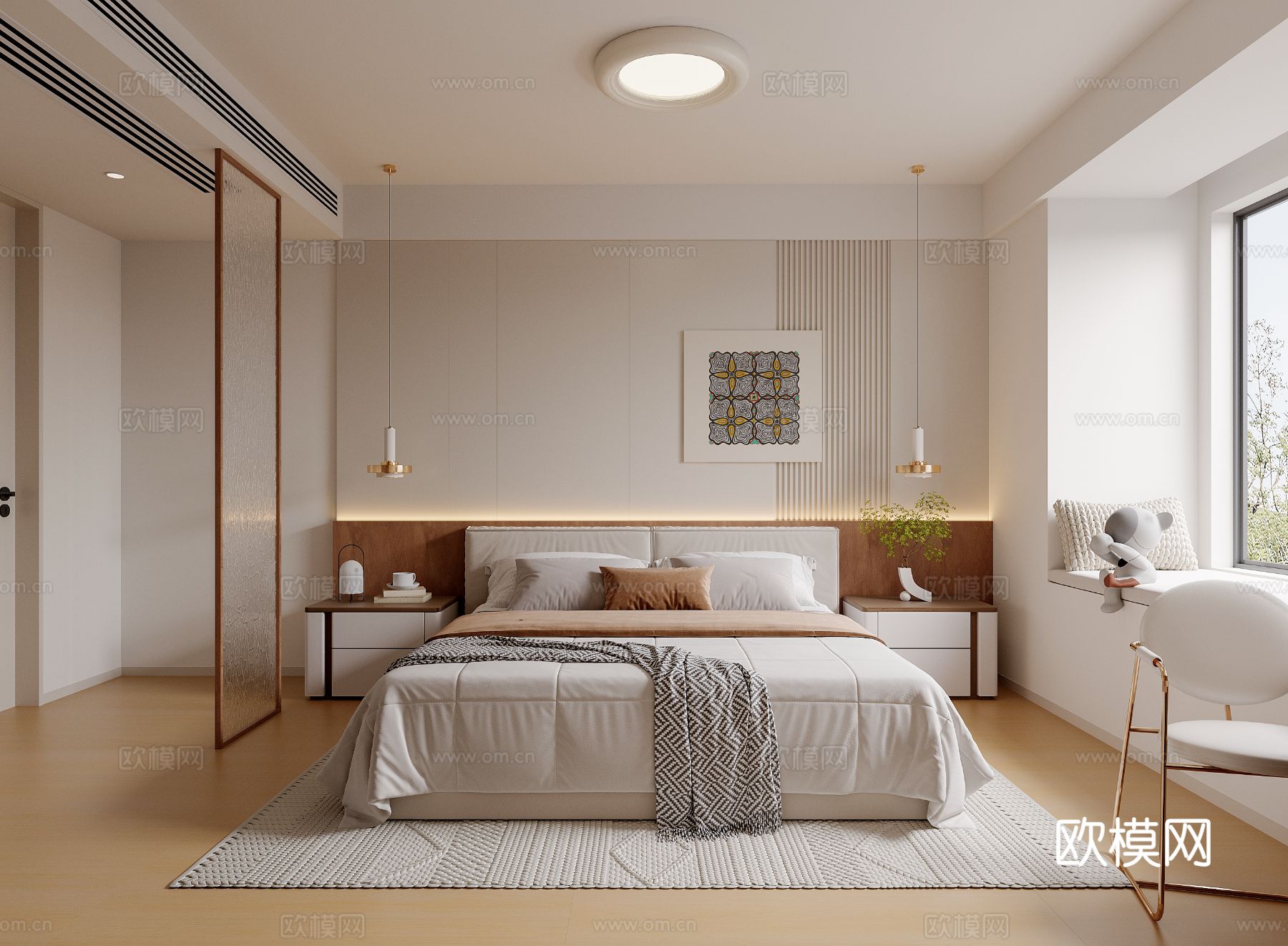 奶油原木风卧室3d模型下载（渲染图1）