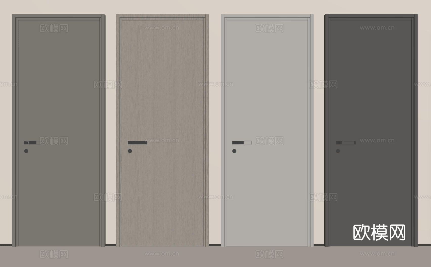 现代极简单开门 中古房间门 卧室门 平板门 实木门 平开门su模型