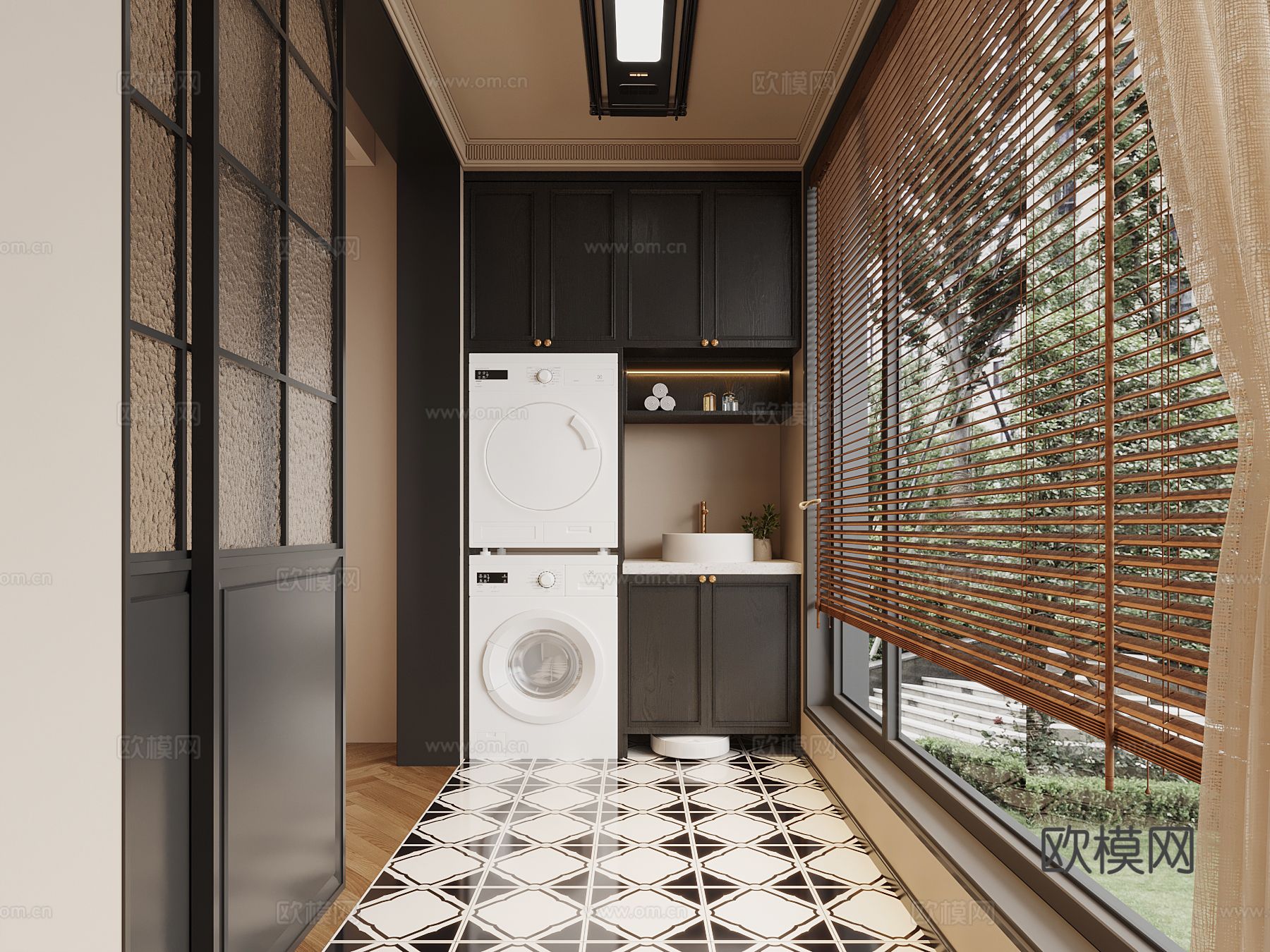 法式复古风阳台 洗衣机柜 阳台柜su模型
