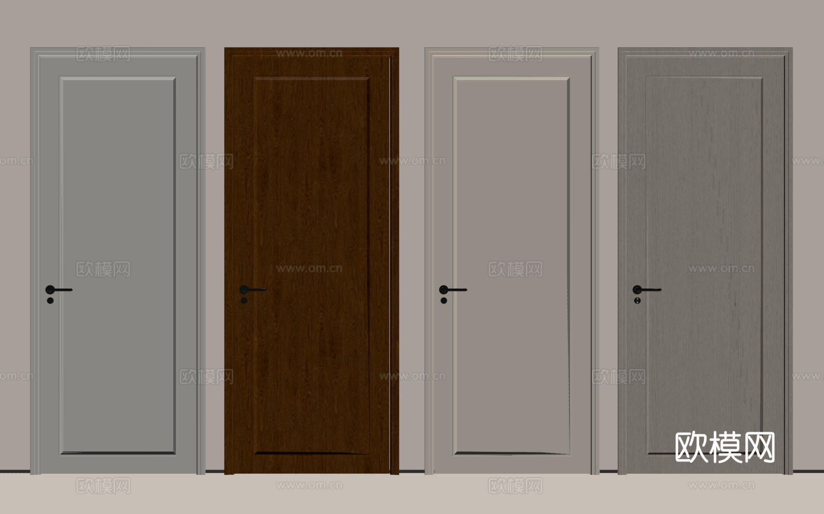 现代极简单开门 中古房间门 卧室门 平板门 实木门 平开门su模型