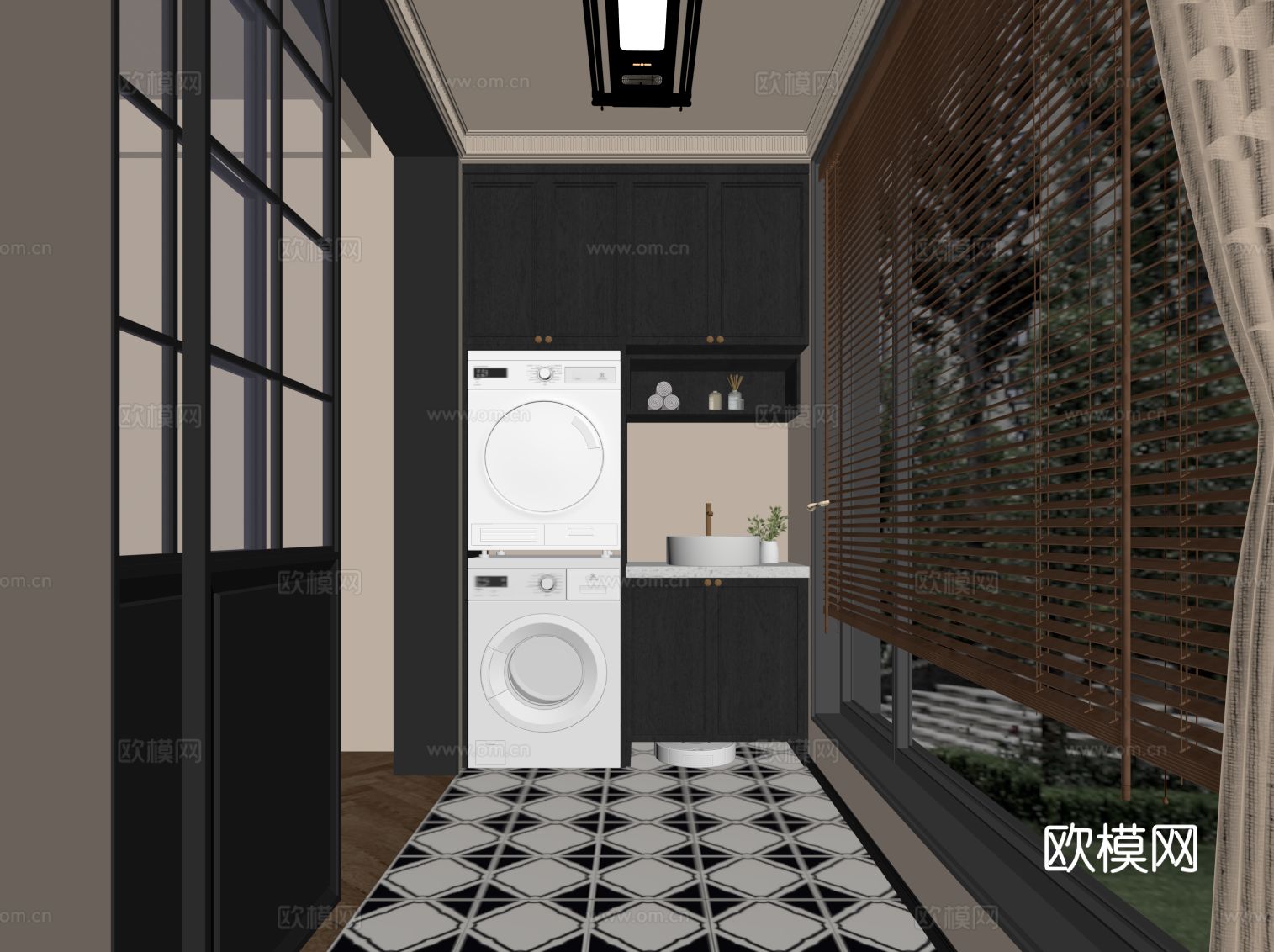 法式复古风阳台 洗衣机柜 阳台柜su模型