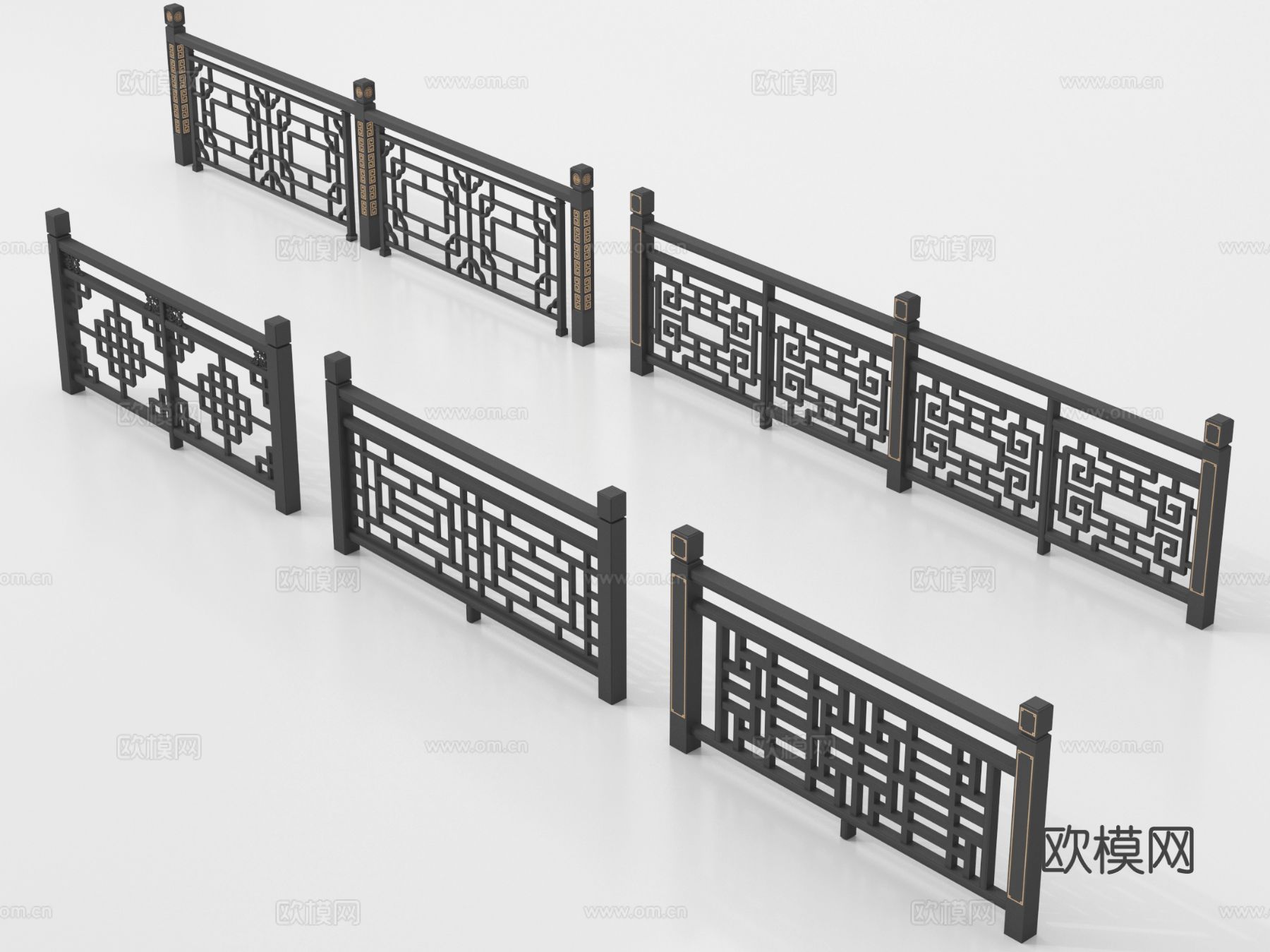 新中式栏杆护栏 栅栏围栏 实木围栏护栏su模型