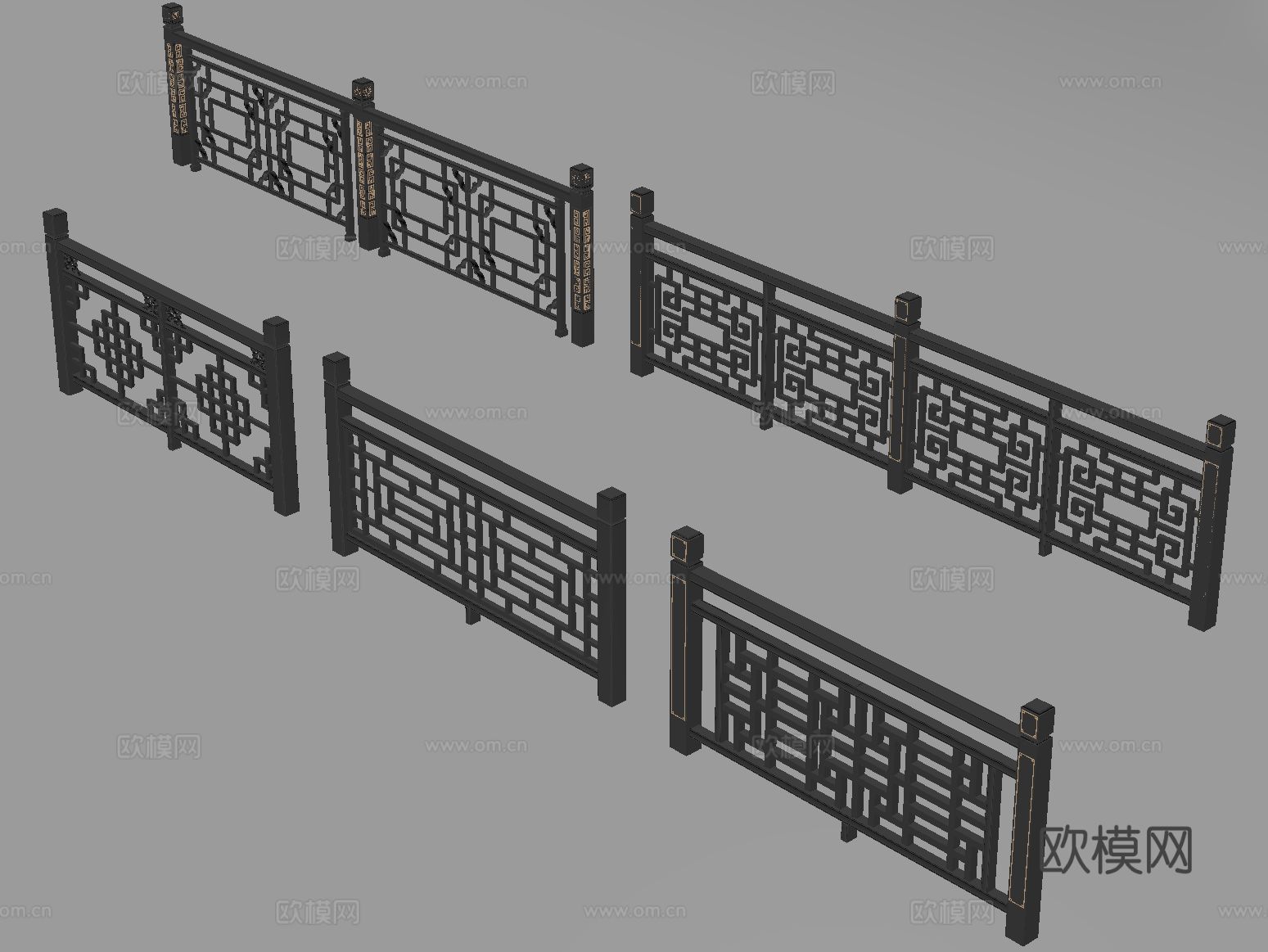 新中式栏杆护栏 栅栏围栏 实木围栏护栏su模型