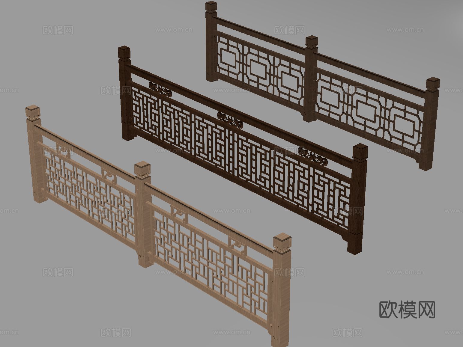 新中式栏杆护栏 栅栏围栏 实木围栏护栏su模型
