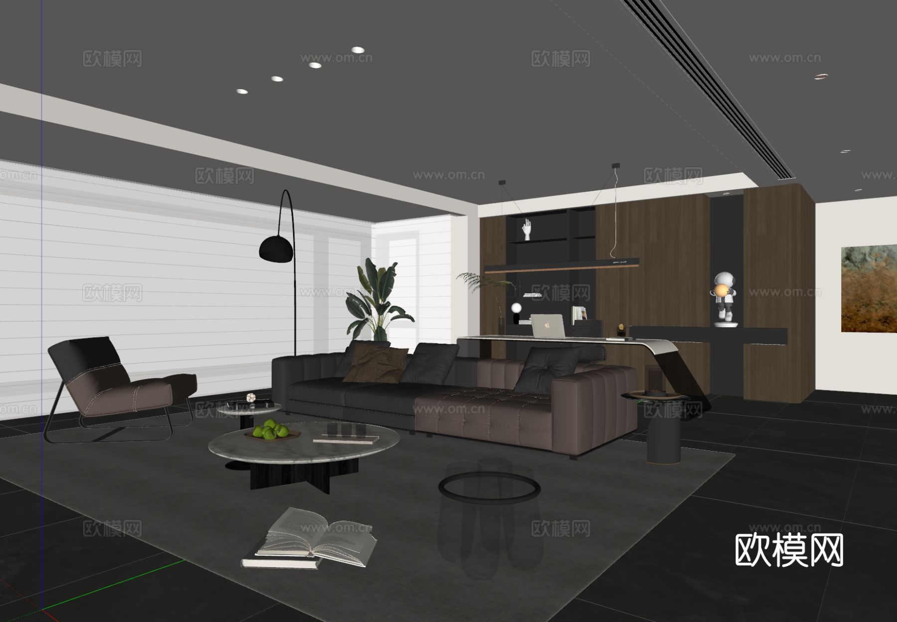 现代意式客厅 沙发茶几 书桌椅 书柜 吊灯 落地灯 地毯su模型